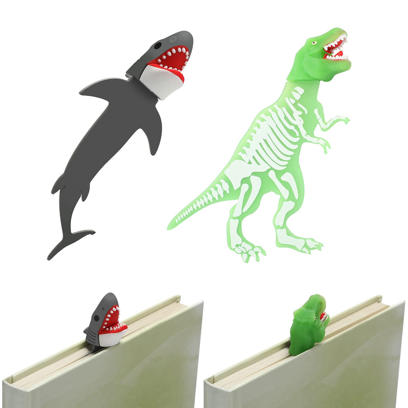 2 Pieces Shark Bookmark For Kids Boys Dinosaur Bookmark Giant Cool Childrens 3D Bookmarks Luminous 3D Cartoon Animal Bookmark, S