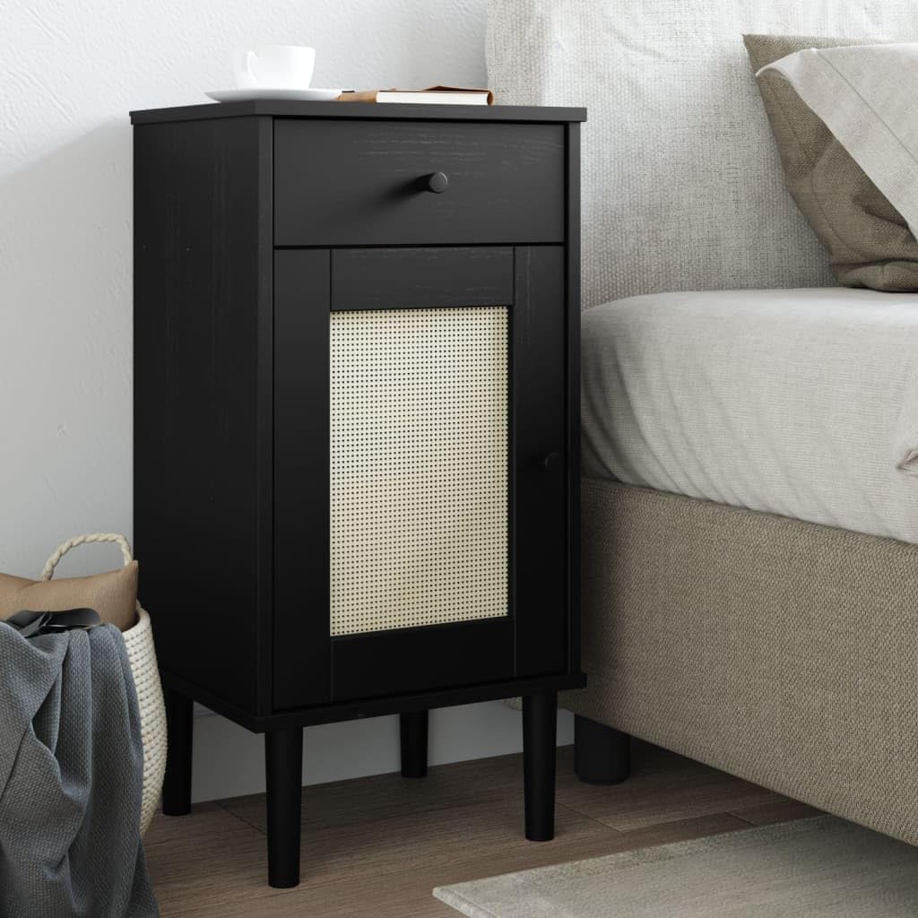 vidaXL SENJA Bedside Cabinet - Black Solid Pine Wood with UV Varnish, Poly Rattan Door, Storage Drawer & Compartments