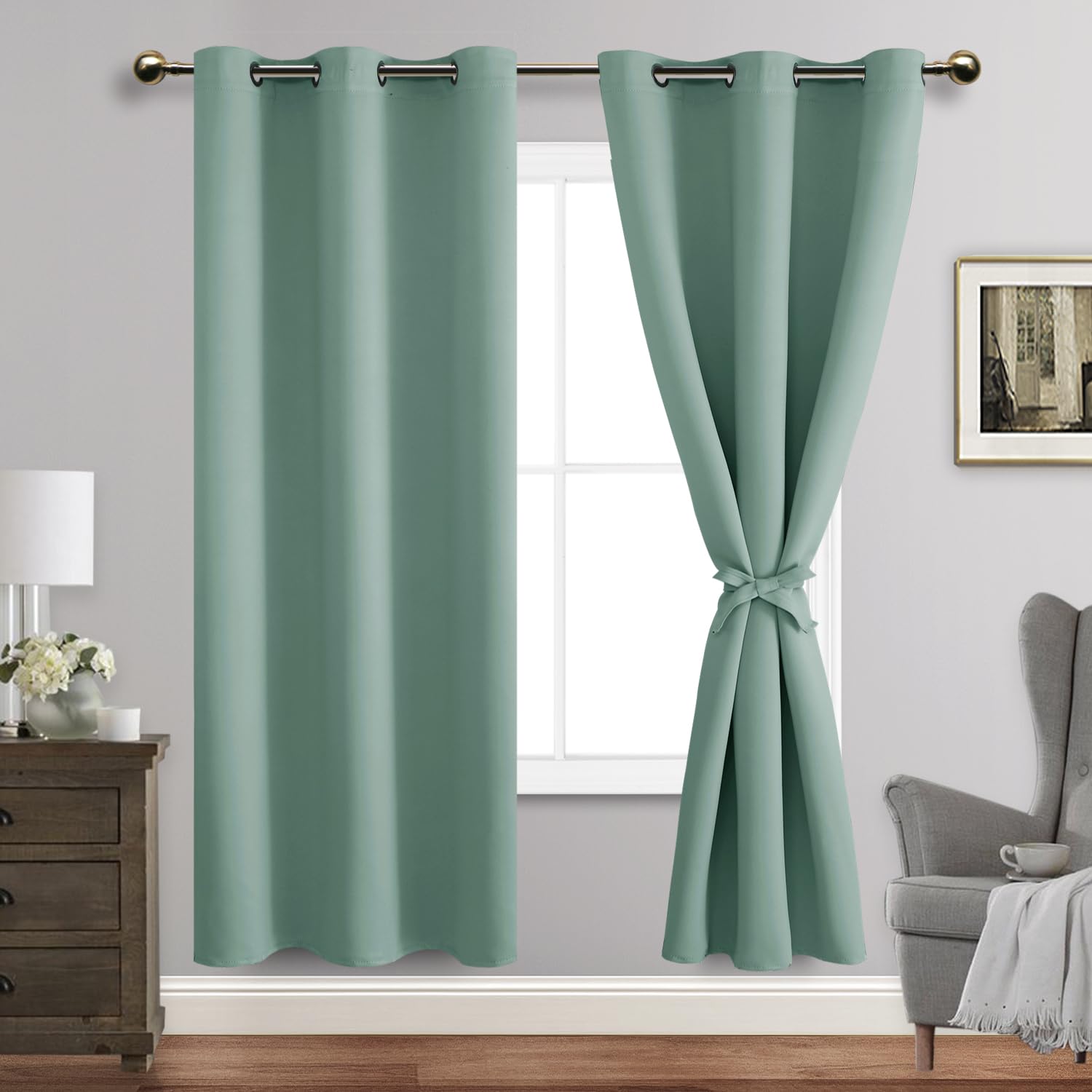 Jiuzhen Light Sage Blackout Curtains With Tiebacks Thermal Insulated, Light Blocking And Noise Reducing Grommet Curtains For And Living Room, Set Of 2 Window Curtain Panels, 42 X 72 Inch Length
