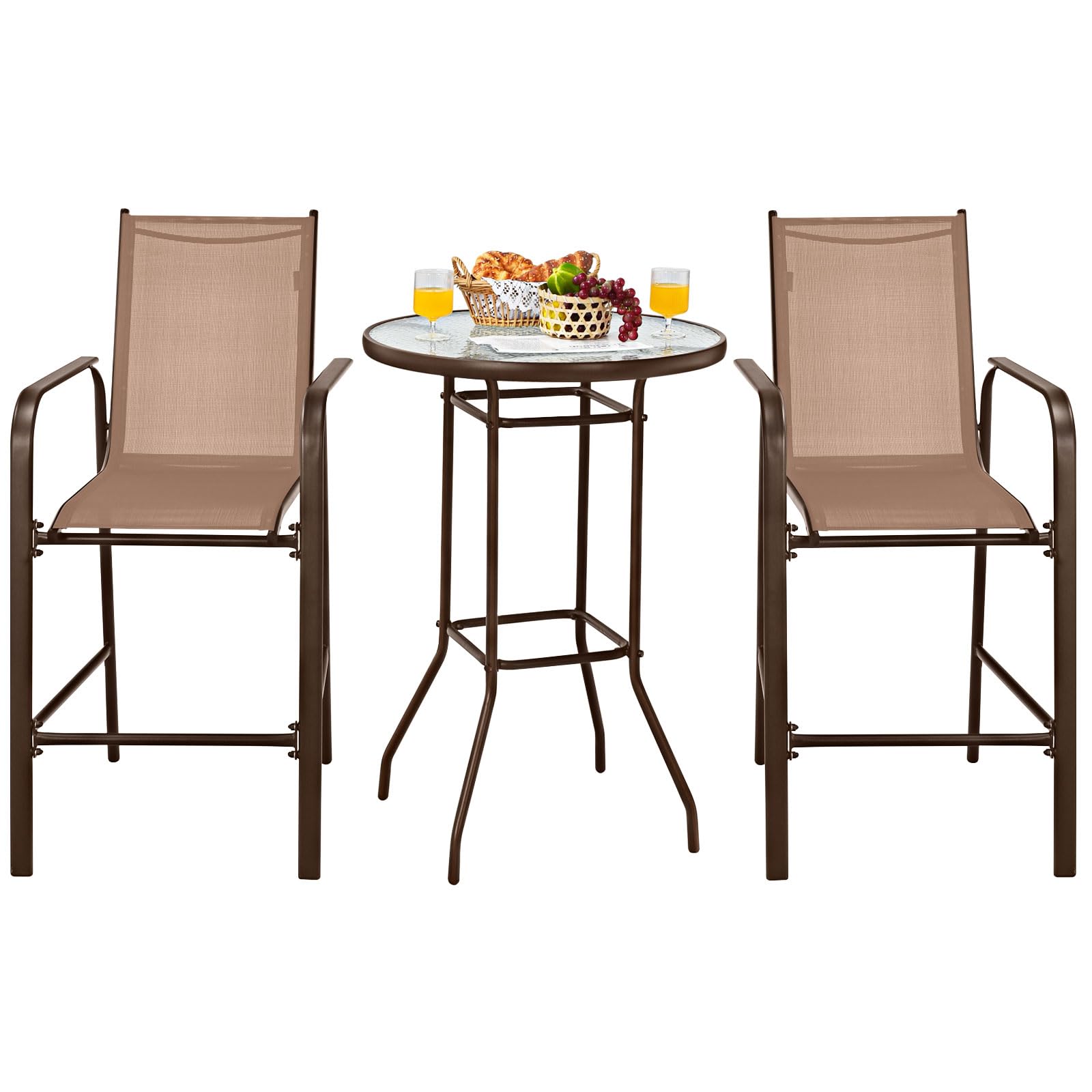 Tangkula 3 Pieces Outdoor Patio Bar Set, Outdoor Bistro Set With 2 Bar Stools And 1 Tempered Glass Bar Table, Bar Height Patio Table And Stools Set For Backyard, Garden, Lawn (Coffee)