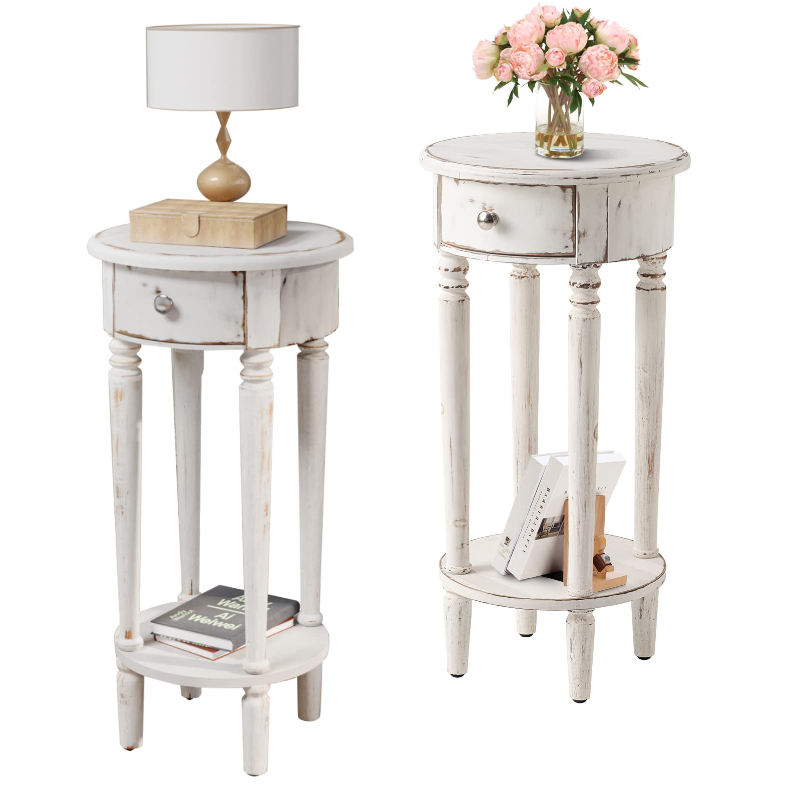 COSIEST Tall End Table with Drawer Sets of 2, Round Nightstand Bedside Table with Storage Shelf, Industrial Telephone End Table 