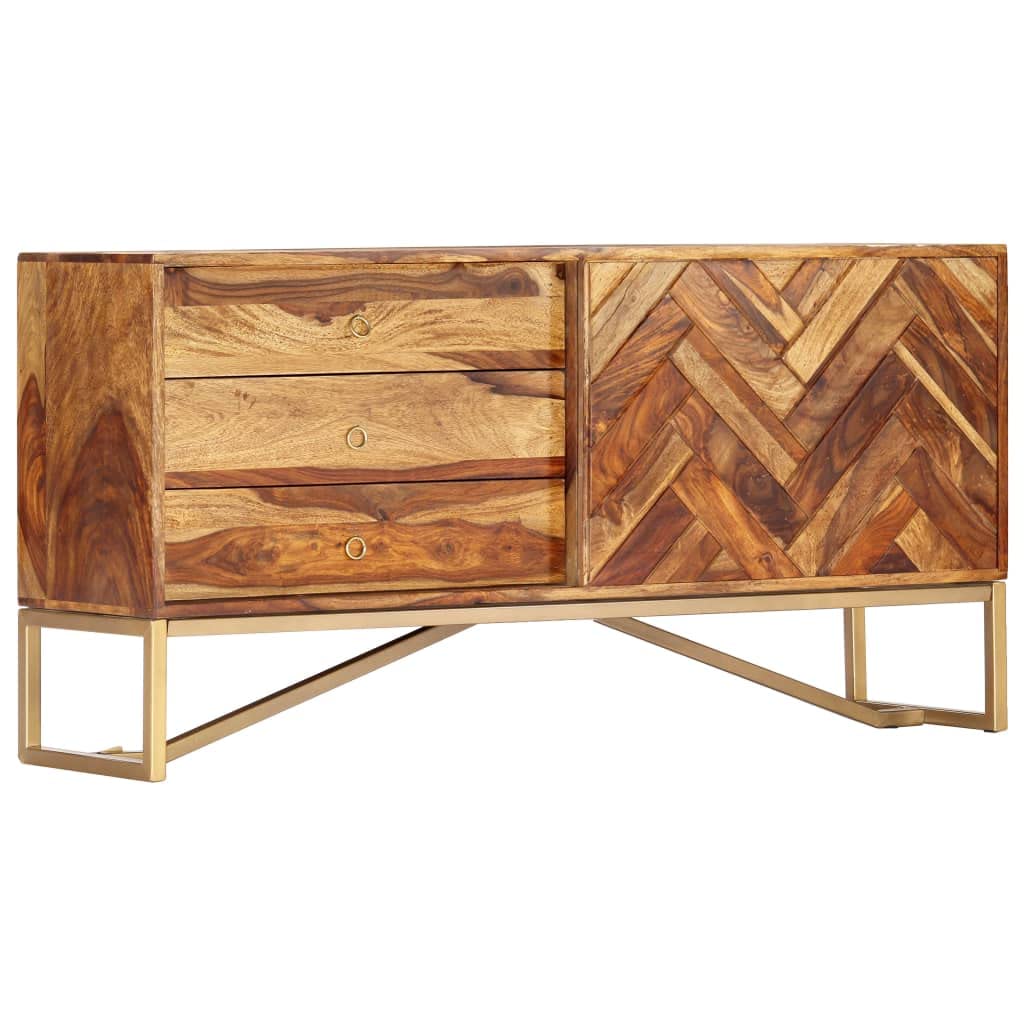 vidaXL Mid-Century Solid Sheesham Wood Sideboard with Brass Powder-Coated Iron Legs - Elegant Brown - 3 Drawers, 1 Door - 46.5&quot;x11.8&quot;x23.6&quot; Dimensions