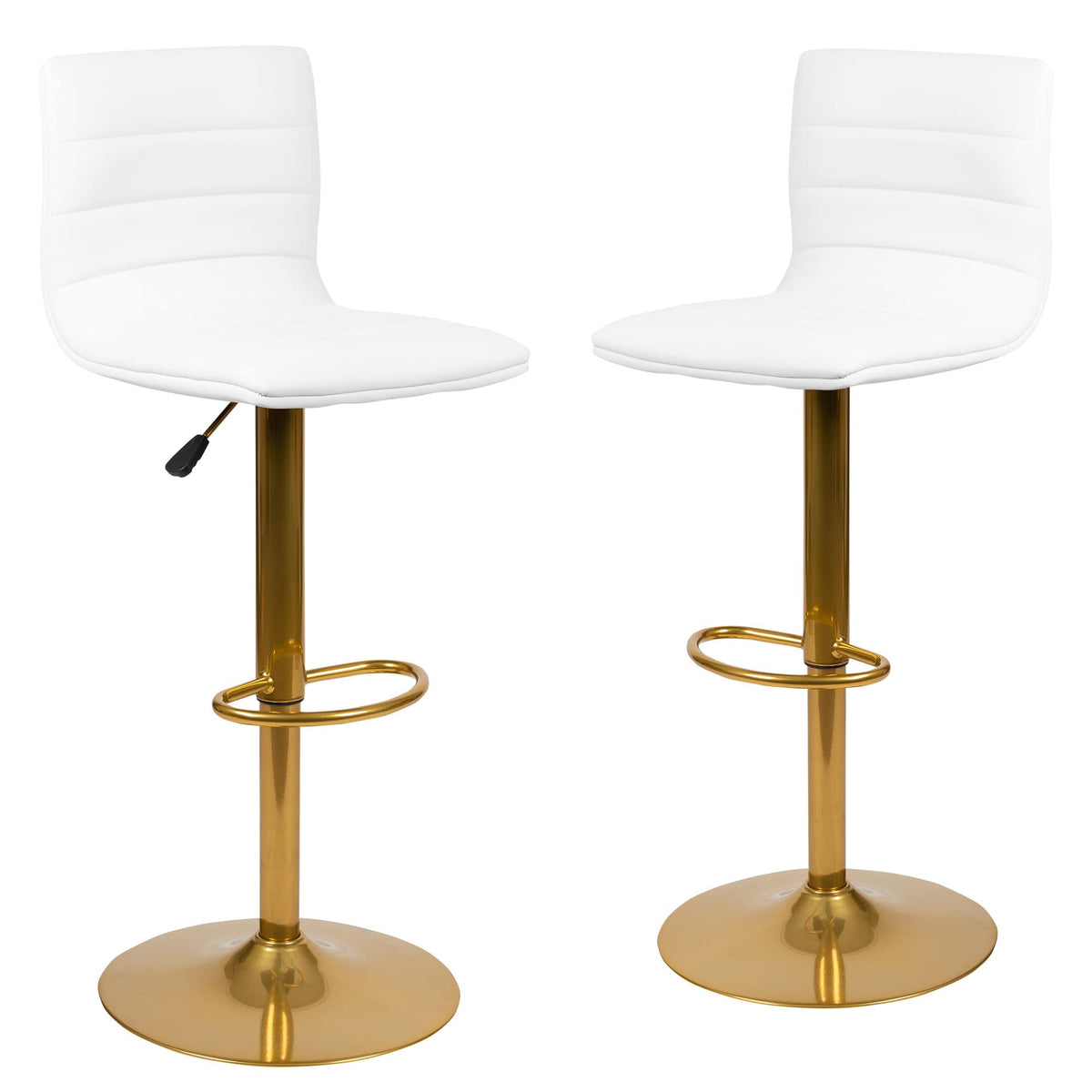 Flash Furniture Vincent Modern Vinyl Height Adjustable Bar Stools, Stylish Counter or Bar Height Swivel Stools with Footrests, Set of 2, White/Gold