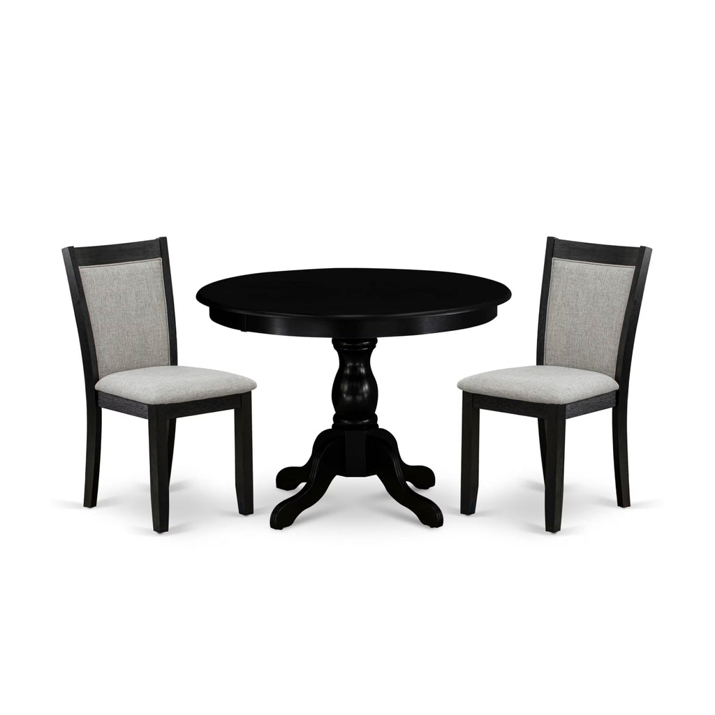 East West Furniture HBMZ3-AB6-06 3 Piece Kitchen Table Set Contains a Round Dining Table with Pedestal and 2 Shitake Linen Fabric Upholstered Chairs, 42x42 Inch, Wirebrushed Black