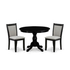 East West Furniture HBMZ3-AB6-06 3 Piece Kitchen Table Set Contains a Round Dining Table with Pedestal and 2 Shitake Linen Fabric Upholstered Chairs, 42x42 Inch, Wirebrushed Black