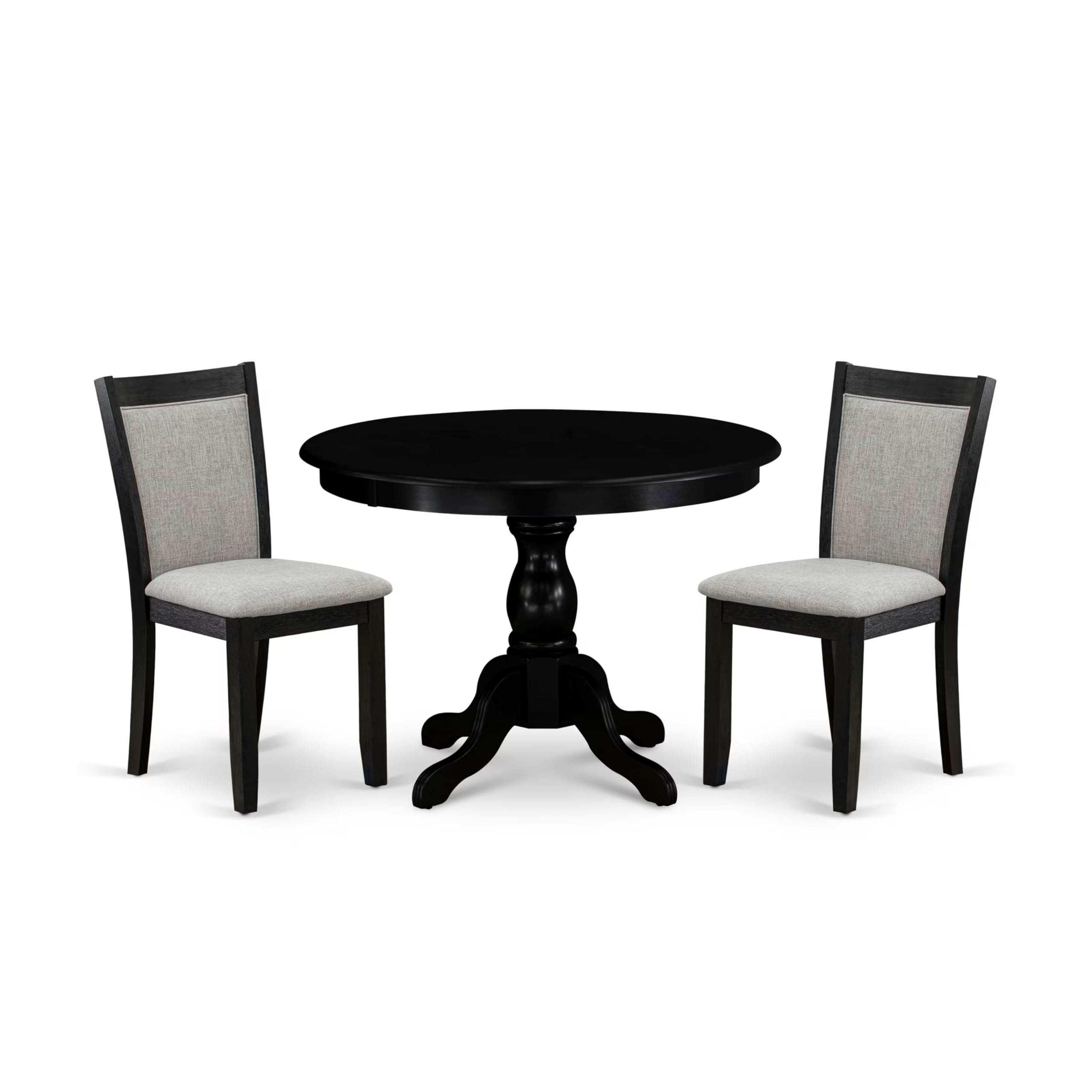 East West Furniture HBMZ3-AB6-06 3 Piece Kitchen Table Set Contains a Round Dining Table with Pedestal and 2 Shitake Linen Fabric Upholstered Chairs, 42x42 Inch, Wirebrushed Black