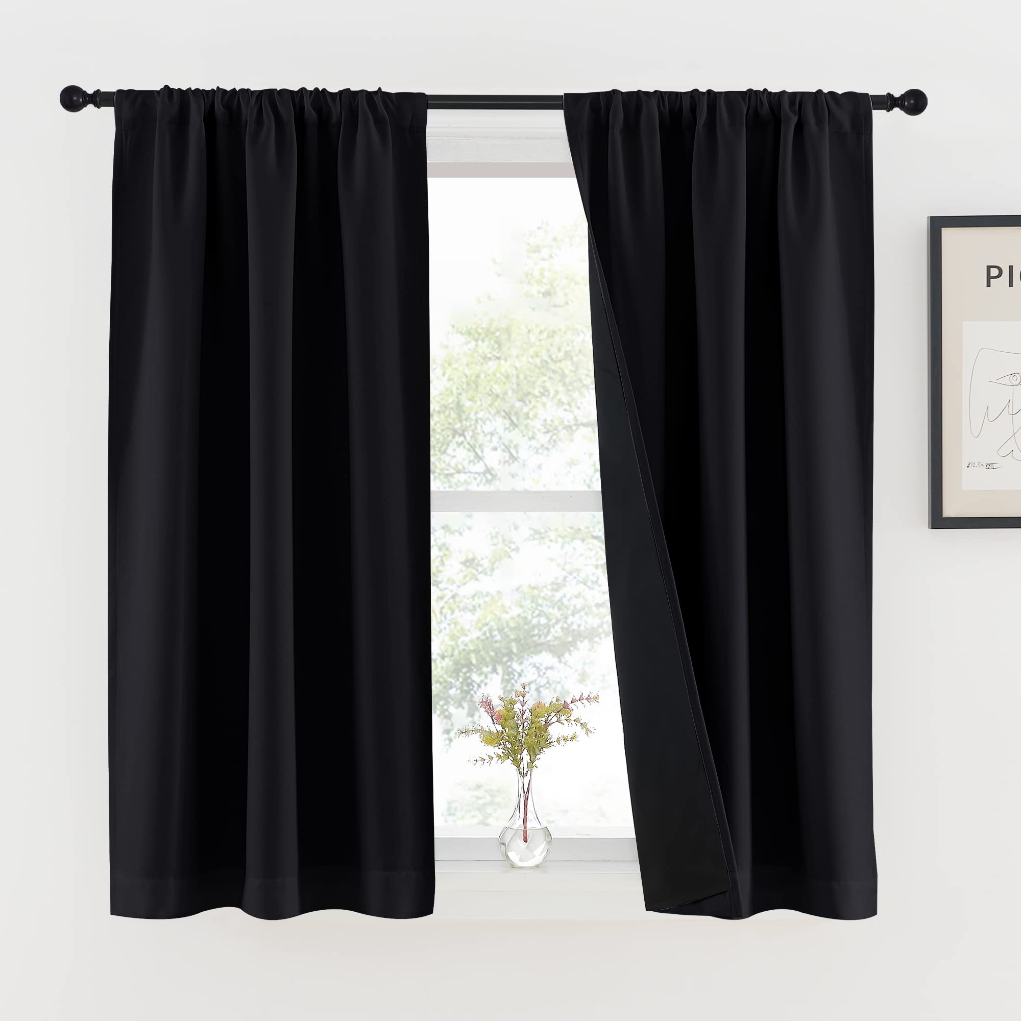 Nicetown Black 100% Blackout Curtains 45 Inches Long For Kitchen, Rod Pocket Basement Completely Blackout Window Treatment Therm