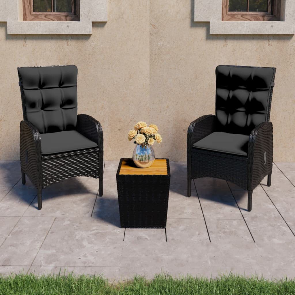 vidaXL 3-Piece Patio Bistro Set in Black - Stylish Outdoor Furniture Set with Poly Rattan, Steel, and Acacia Wood Construction - Includes Armchairs and Coffee Table for Outdoor Relaxation