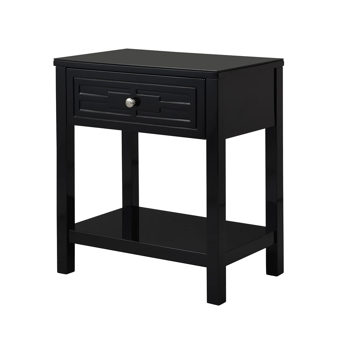 Lilola Home Dylan Black Wooden End Side Table Nightstand with Glass Top and Drawer