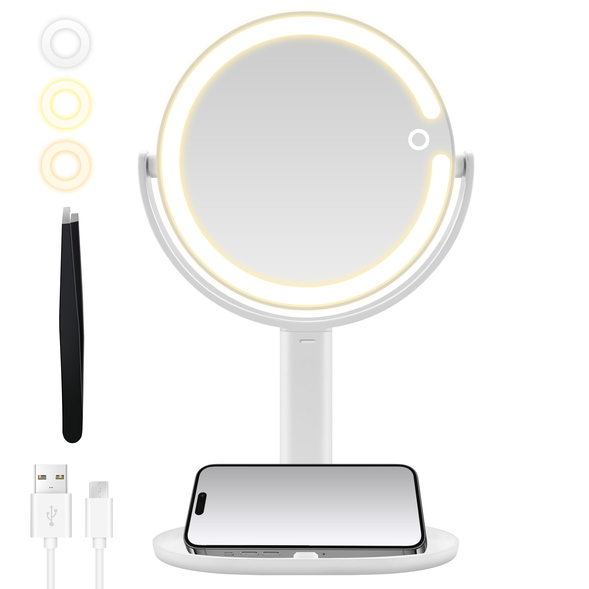 MOMOKUBA Makeup Mirror with Lights, Double Sided 1x/20x Magnifying Mirror with Light, Rechargeable 3 Color Lights and Adjustable