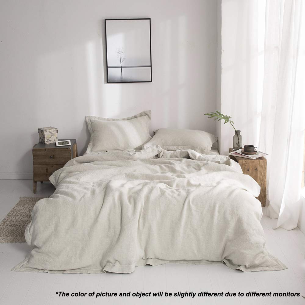 Simple&Opulence 100% Linen Duvet Cover Set With Embroidery Border Washed - 3 Pieces (1 Duvet Cover With 2 Pillow Shams) With Button Closure Soft Breathable Farmhouse - Linen, Full Size