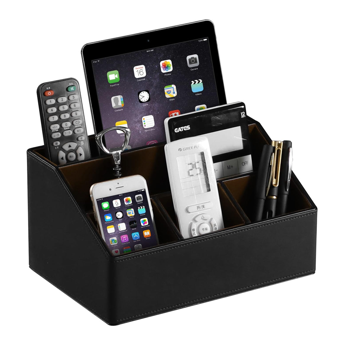 Meibooch Pu Leather Desk Organizer, Luxury Remote Control Holder For Home, Office Desk Accessories Table Caddy Bedside Nightstan