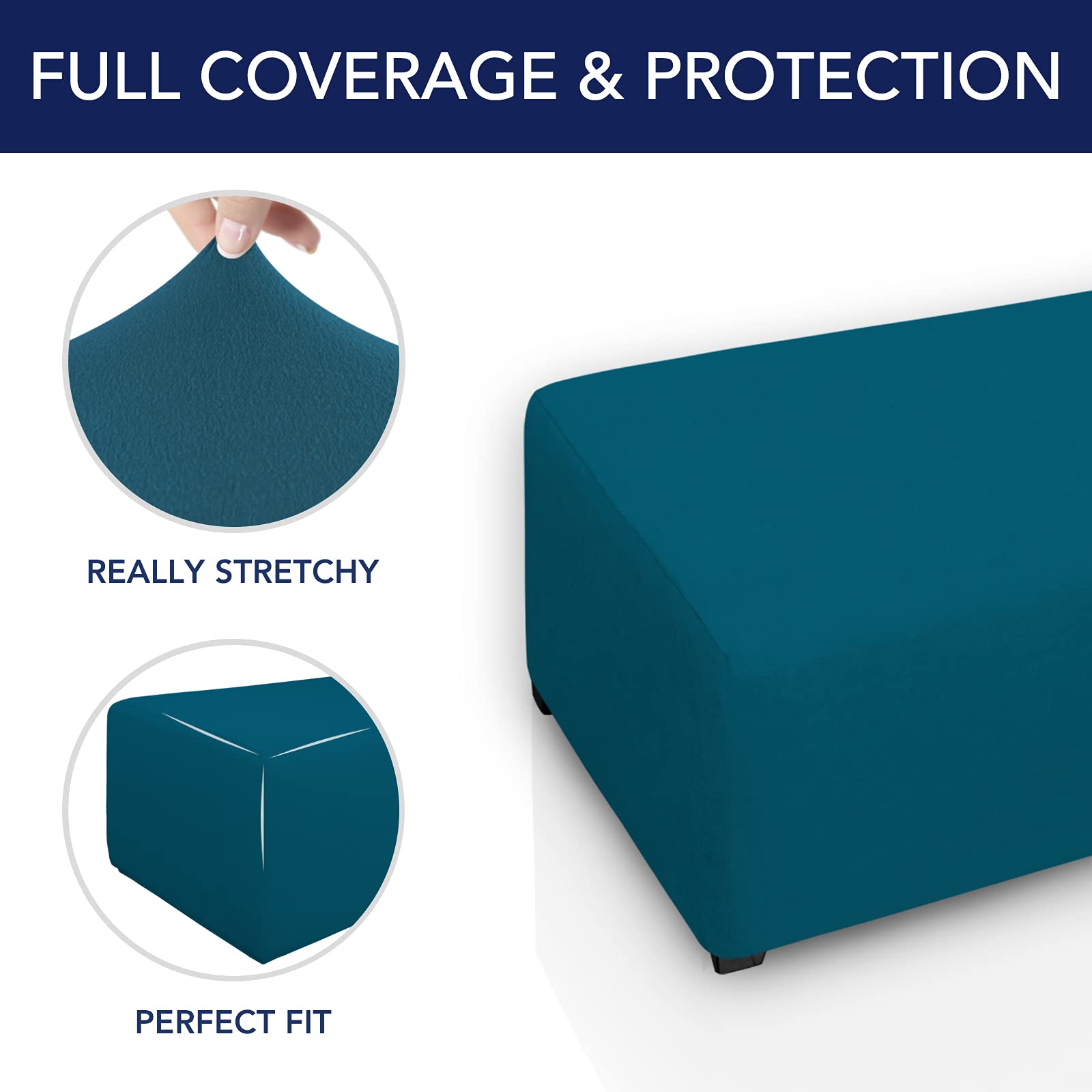 Purefit Super Stretch Soft Form Fit Ottoman Cover Rectangle - Ottoman Slipcovers For Foot Stool & Folding Storage Furniture For Living Room With Nonslip Elastic Bottom (Medium, Peacock Blue)