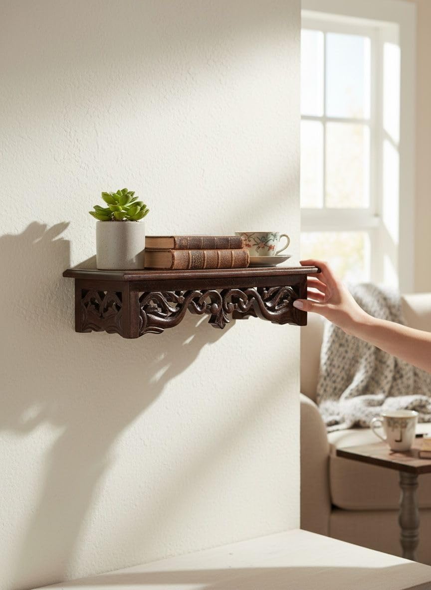 Wall Shelf With Carved Floral Design 20X5 Inch, Floating Display Rack HandCarved Decorative Wall Shelf | Vintage Distressed Woo