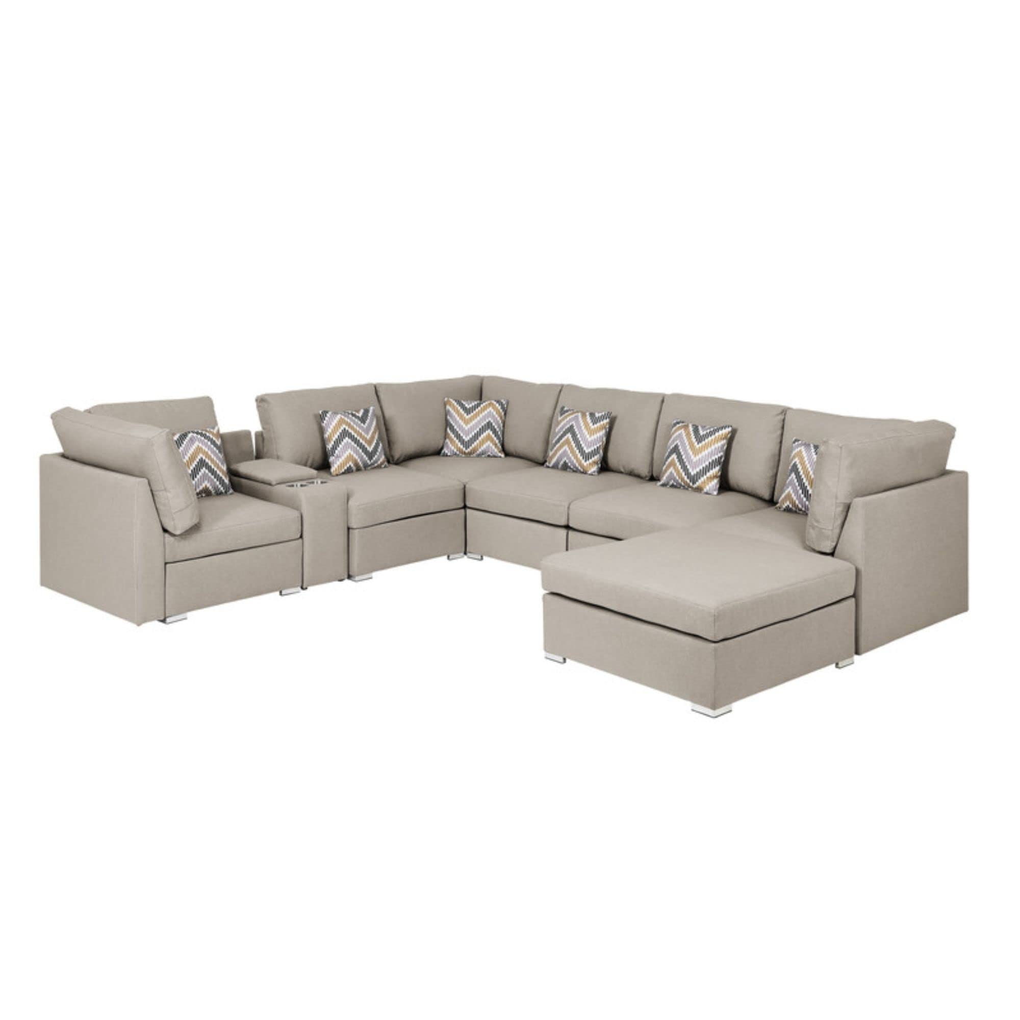 Lilola Home Amira Beige Fabric Reversible Modular Sectional Sofa With Usb Console And Ottoman