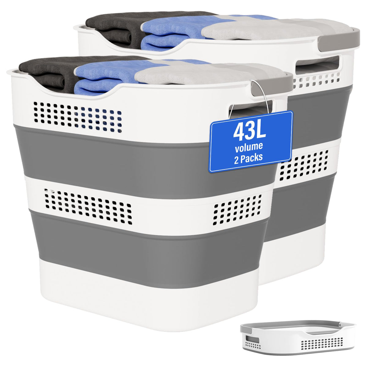 OOAMBB 43L+43L Collapsible Laundry Baskets plastic (Grey, 2 Packs)