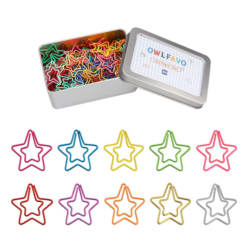 Owlfavo 100Pcs Star Shape Paper Clips With Clear Box, 10 Colors, Funny Cute Paperclips Bookmarks Planner Clips For Fun Office Su
