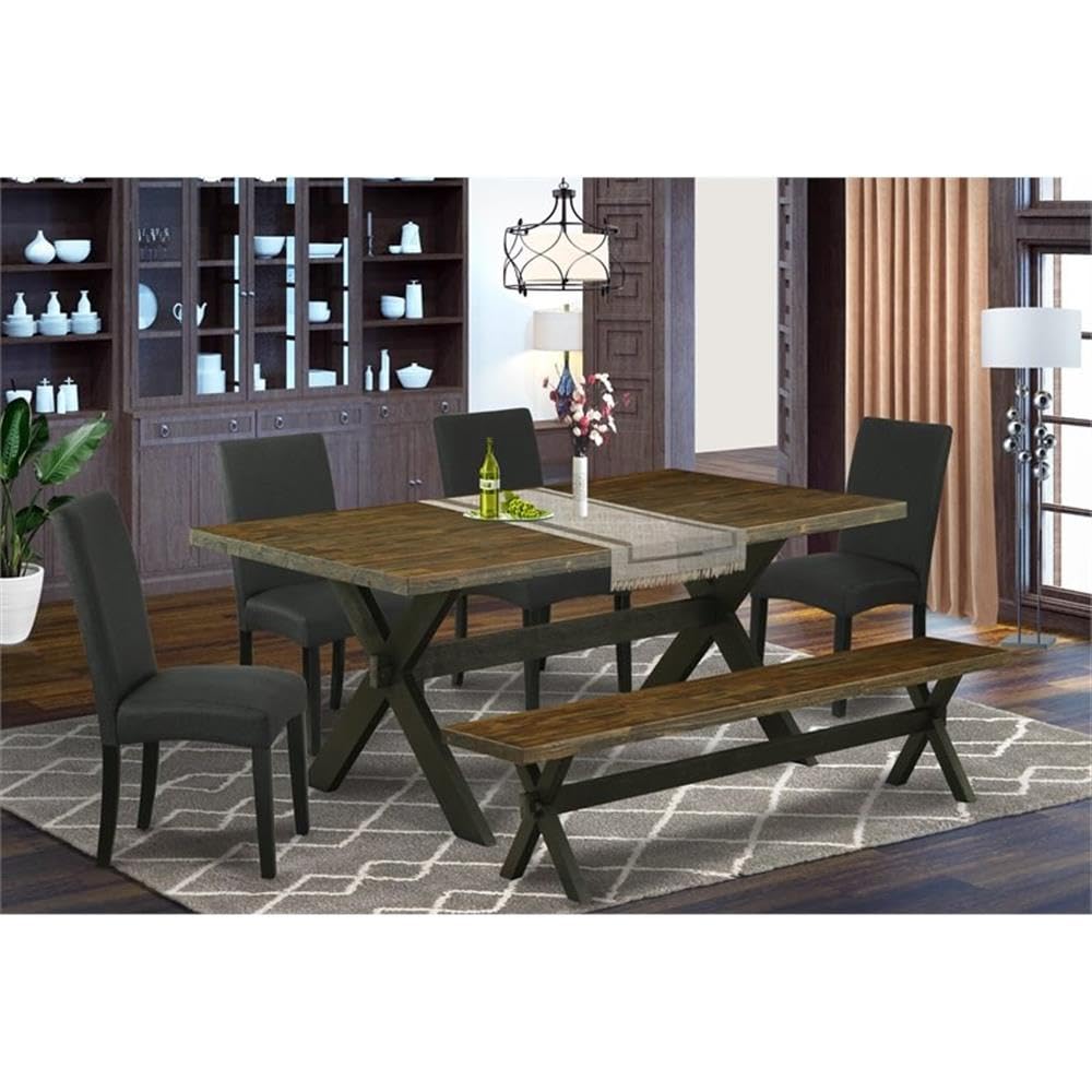 East West Furniture X677Dr124-6 6 Piece Dining Set Contains A Rectangle Dining Room Table With X-Legs And 4 Black Color Linen Fabric Upholstered Chairs With A Bench, 40X72 Inch, Multi-Color