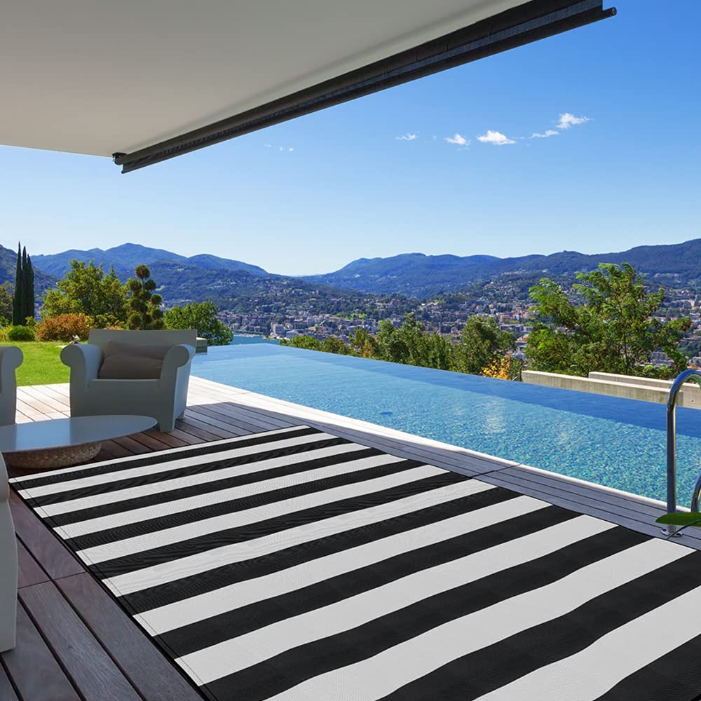 Pcinfuns Plastic Straw Rug,Patio Rugs Rv Camping Rug Reversible Mat,9'X12' Large Floor Mat And Rug For Outdoor,Black And White S