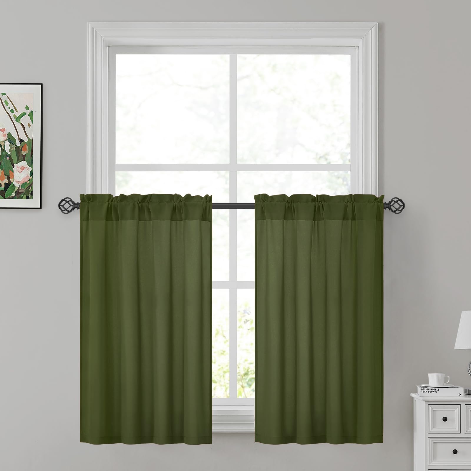 HOMEIDEAS Non-See-Through Olive Green Privacy Sheer Kitchen Curtains, 30 X 36 Inches Long 2 Panels Sheer Curtains Light Filterin