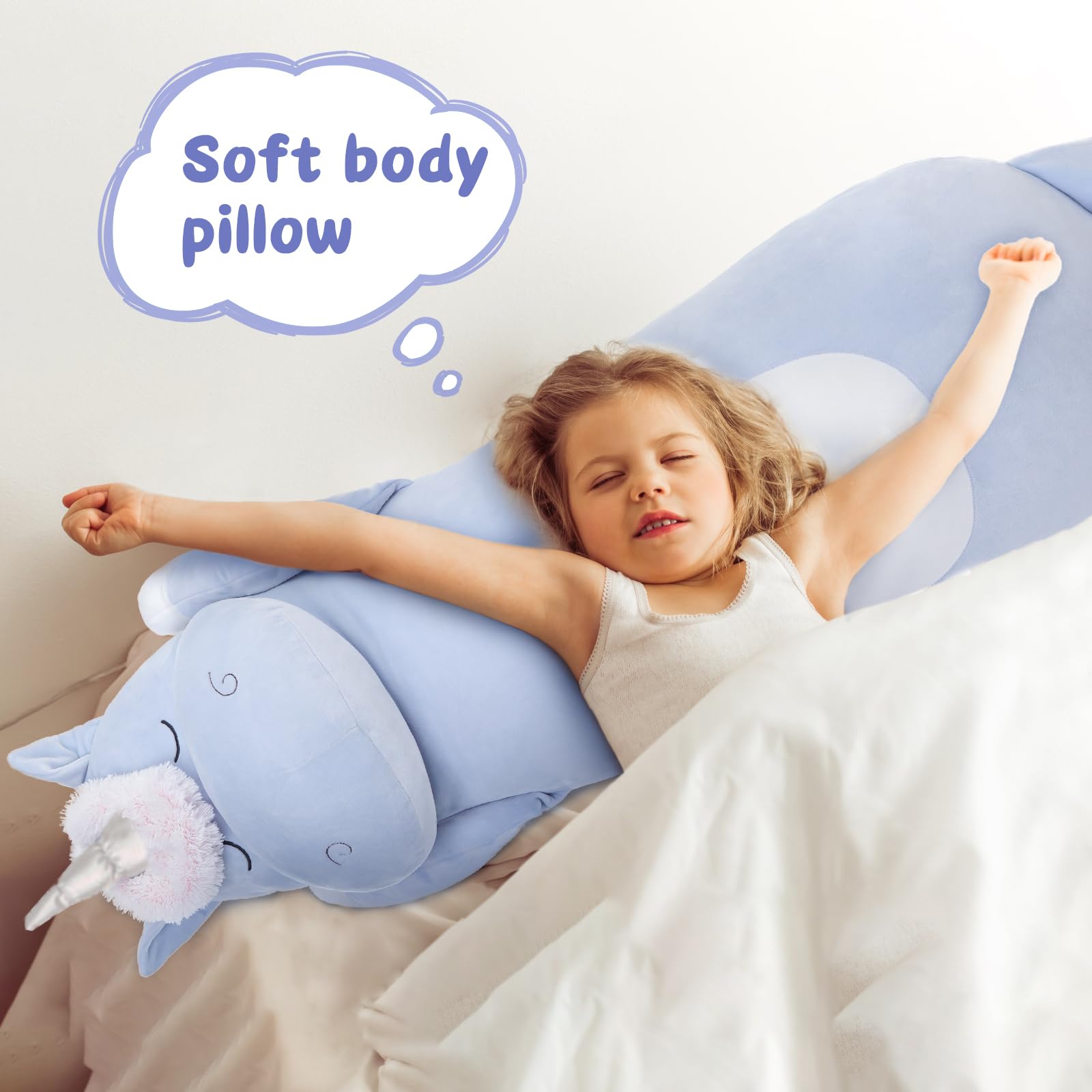 Morismos Big Unicorn Body Pillow 4 Feet, 51 In Long Plush Unicorn Pillow For Girl Boy, Blue Plush Unicorn Pillow For Girl Boy,Cu
