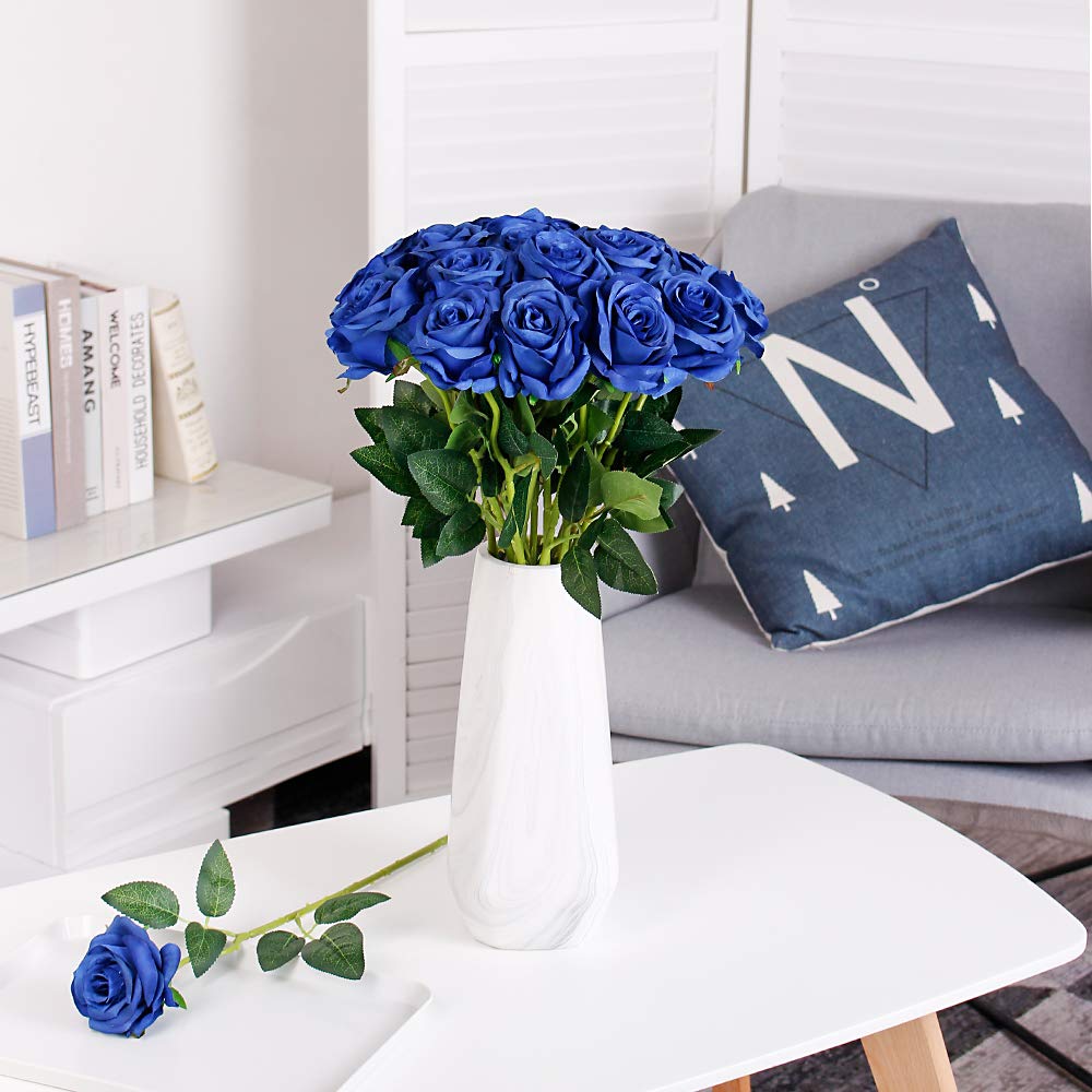 Tifuly Royal Blue Roses Artificial Flowers -12 Pcs Realistic Single Long Stem Fake Silk Roses Bouquet For Party Home Wedding Cen