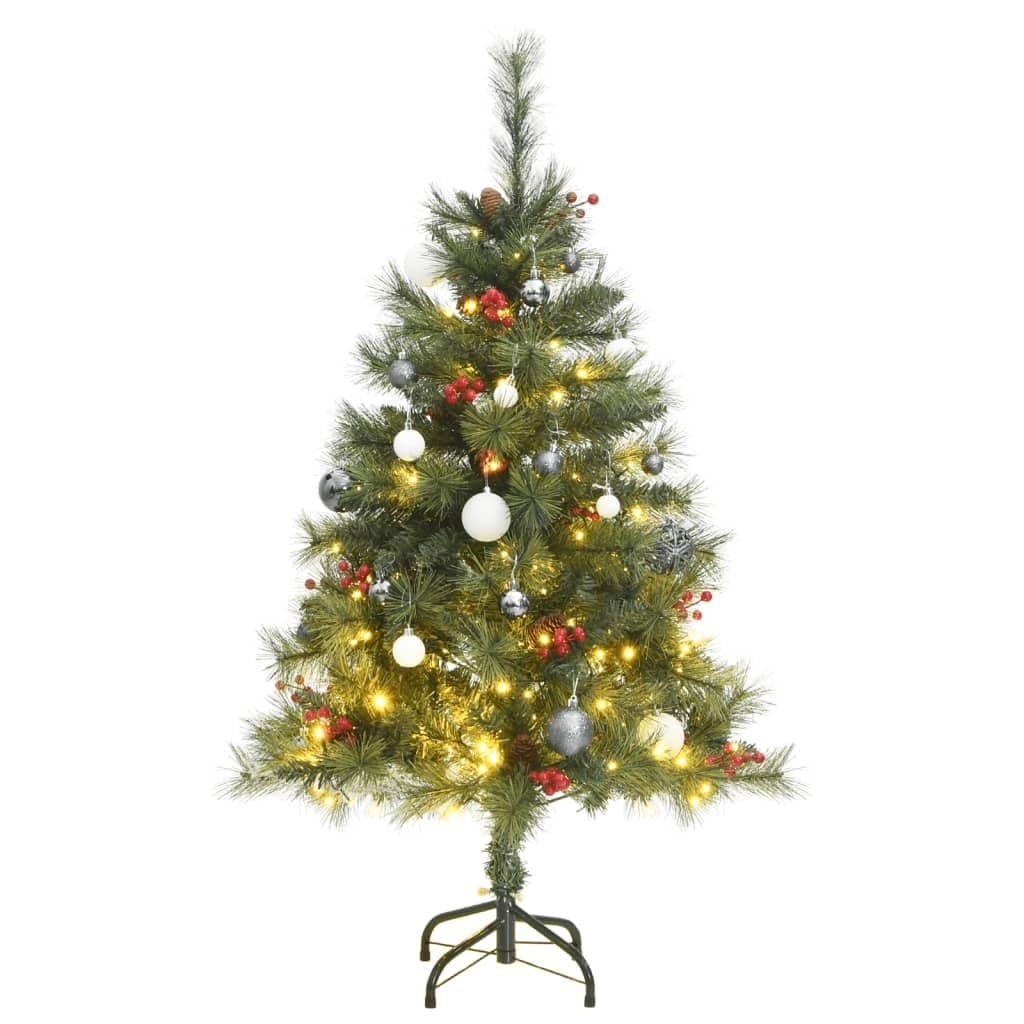 vidaXL Artificial Hinged Christmas Tree with 150 LEDs, Berries and Cones Decoration, Metal Stand, Ball Set in Differing Sizes Included - 59.1&quot; Height'