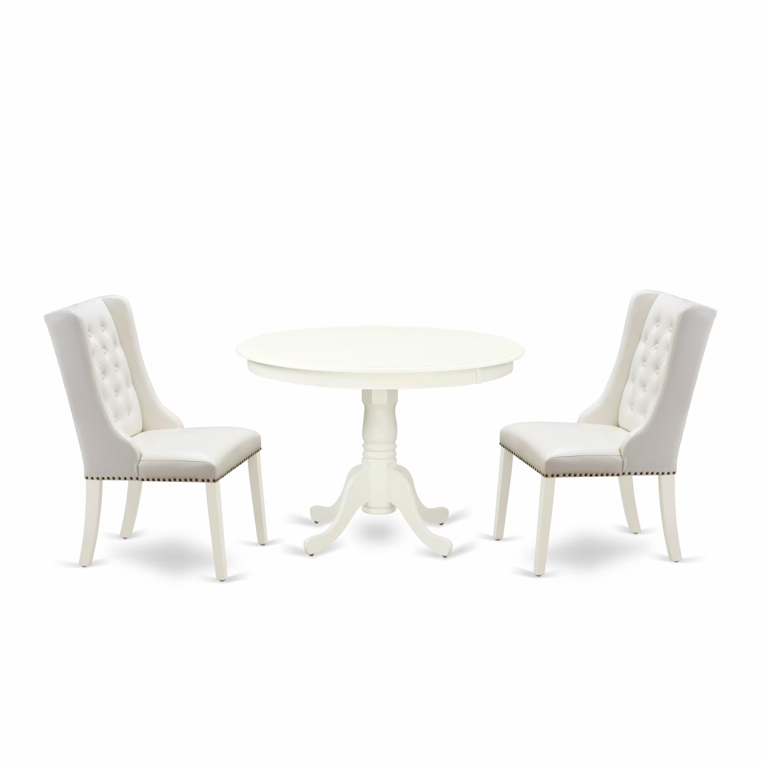 East West Furniture HLFO3-LWH-44 3 Piece Dining Table Set Contains a Round Dining Room Table with Pedestal and 2 Light Grey Faux Leather Parsons Chairs, 42x42 Inch, Linen White