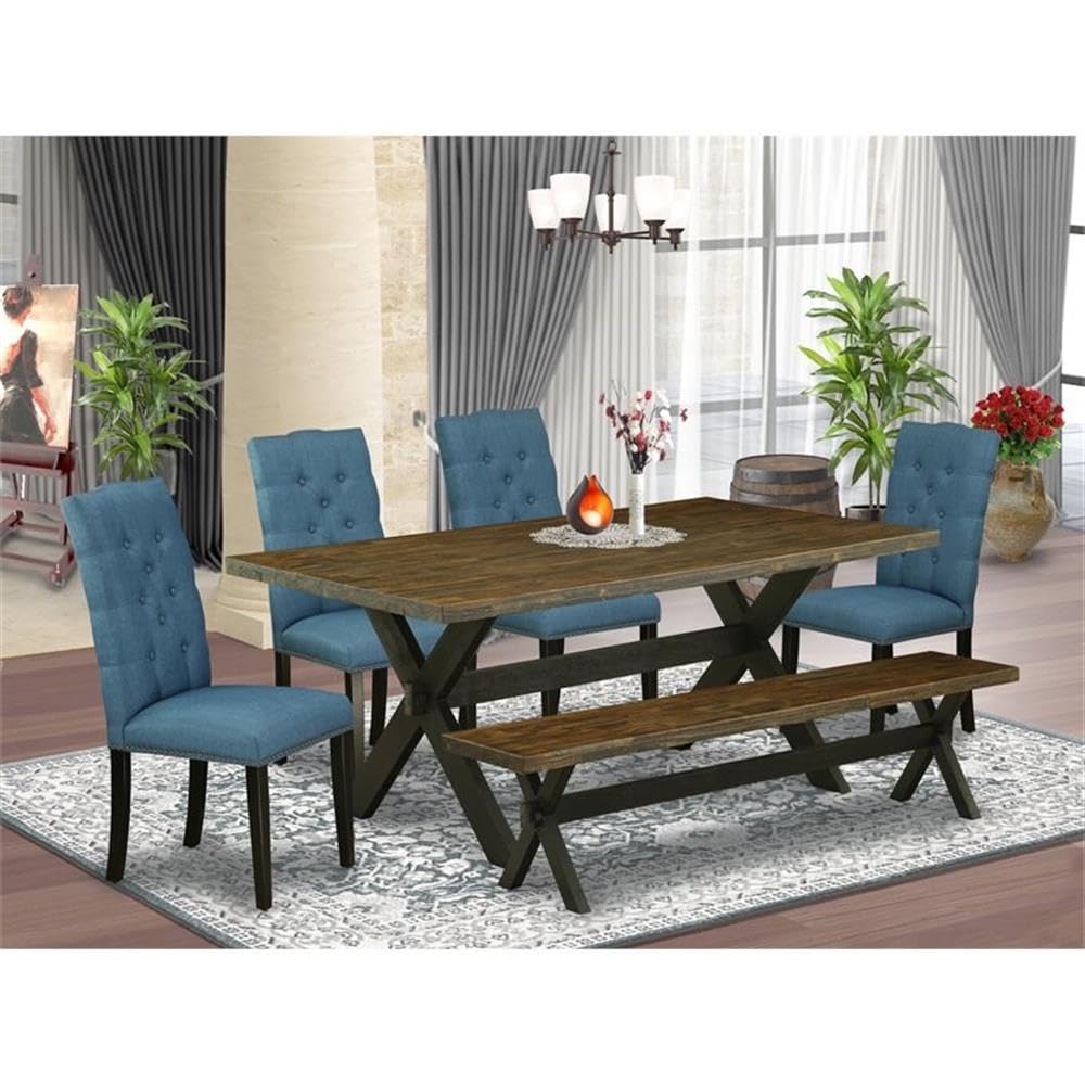 East West Furniture X677El121-6 6 Piece Dining Set Contains A Rectangle Dining Room Table With X-Legs And 4 Blue Linen Fabric Parson Chairs With A Bench, 40X72 Inch, Multi-Color