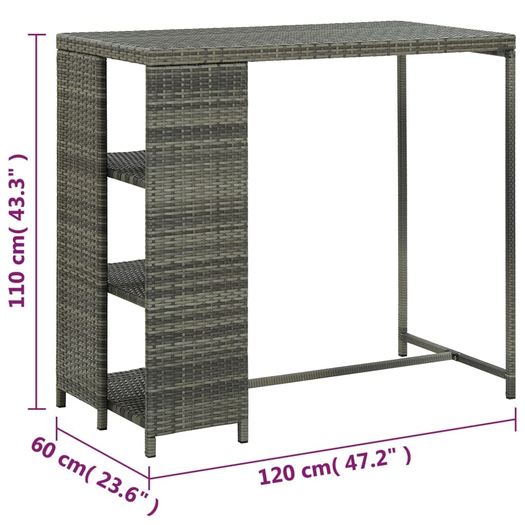 vidaXL Modern Gray Poly Rattan Bar Table with Side Storage Rack and Steel Frame - Lightweight, Assembled & Durable - Ideal for Home, Bar, Pub, Restaurant