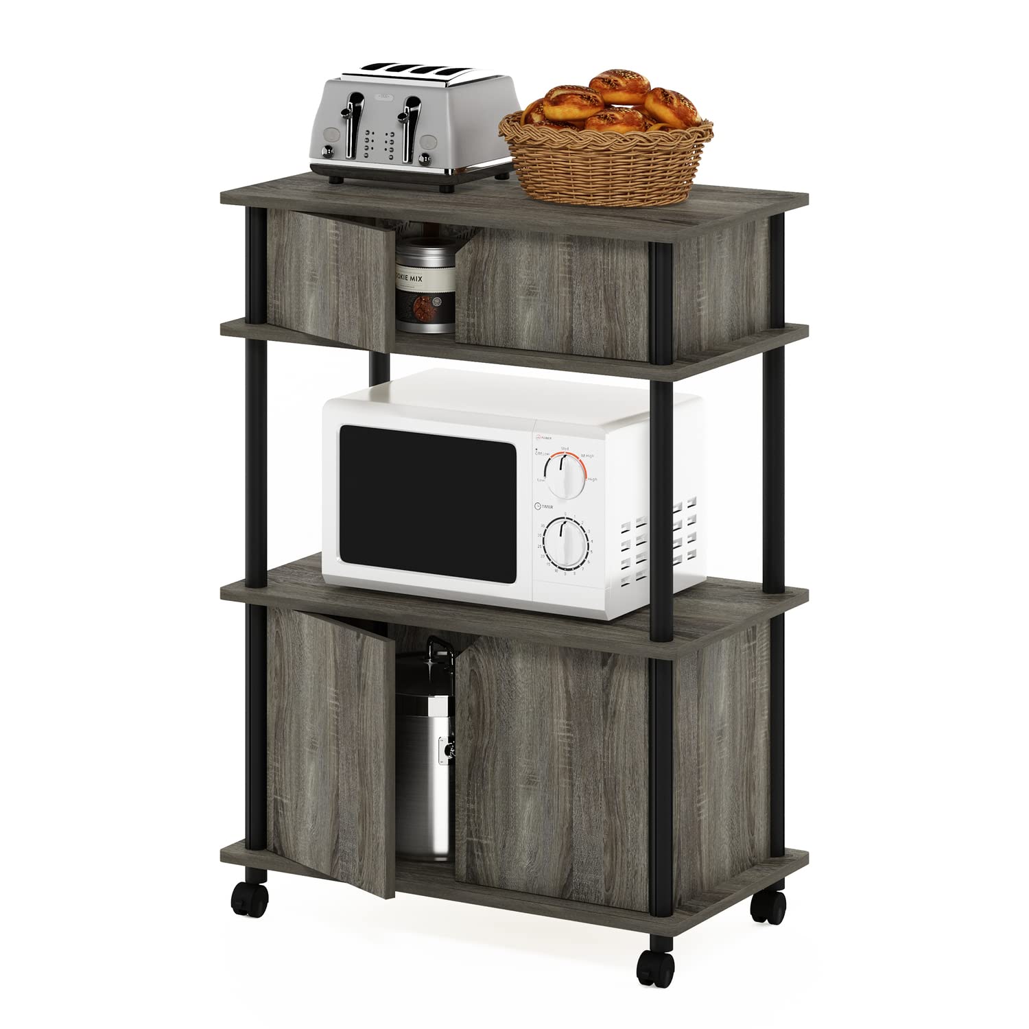 Furinno Turn-N-Tube Kitchen Storage Cart with Cabinet and Lockable Wheels, French Oak Grey/Black