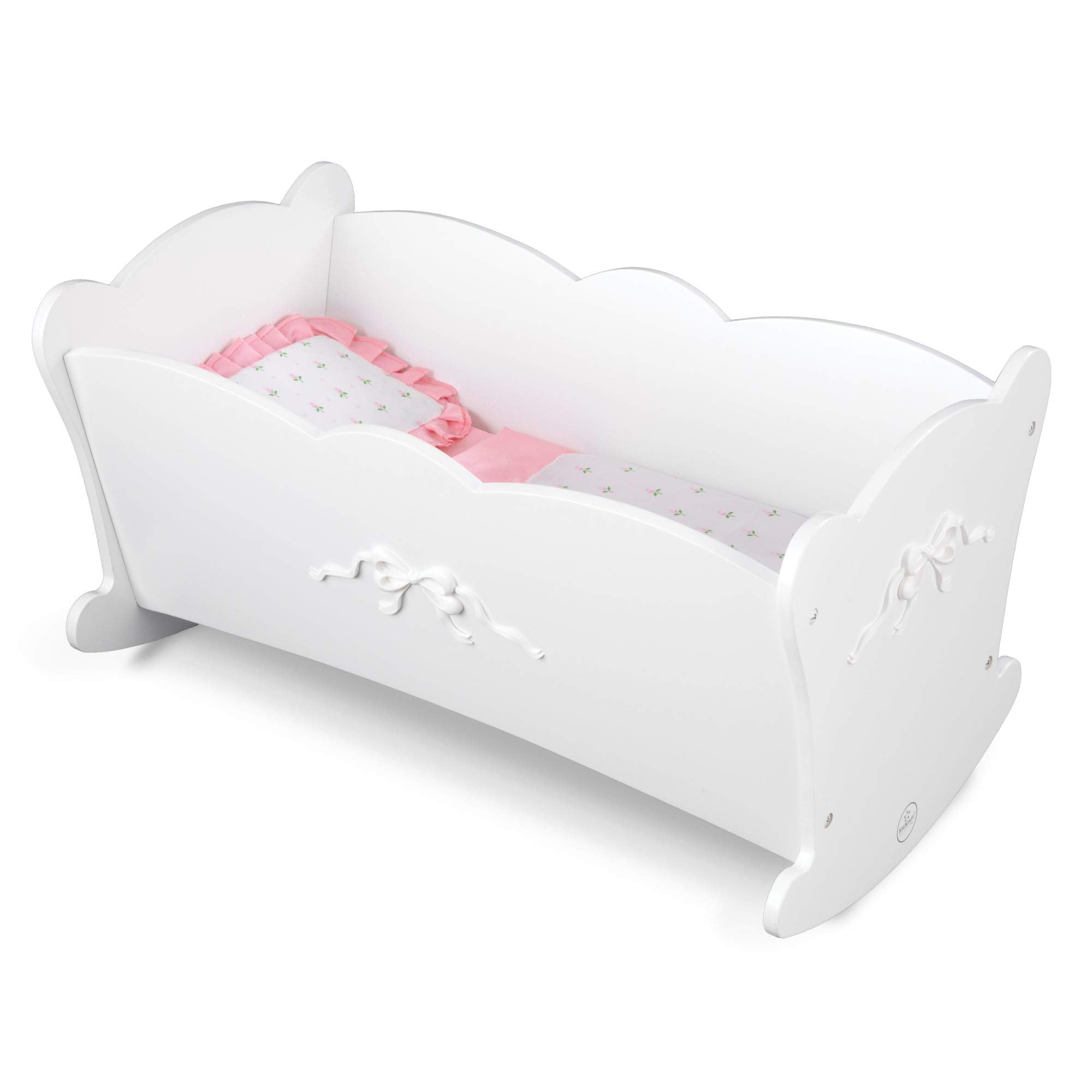 KidKraft Tiffany Bow Scalloped-Edge Wooden Lil Doll Rocking Cradle with Comforter, Pad and Pillow - White, Gift for Ages 3+