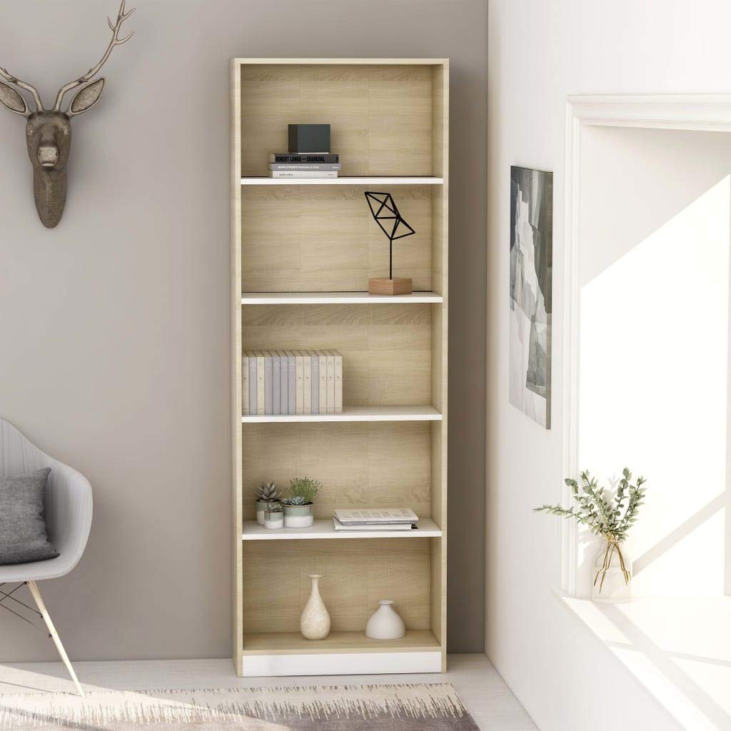 vidaXL Modern 5-Tier Book Cabinet in White and Sonoma Oak - Durable Engineered Wood - Spacious Shelves for Book Storage and Display - Minimalist Design - Easy Assembly
