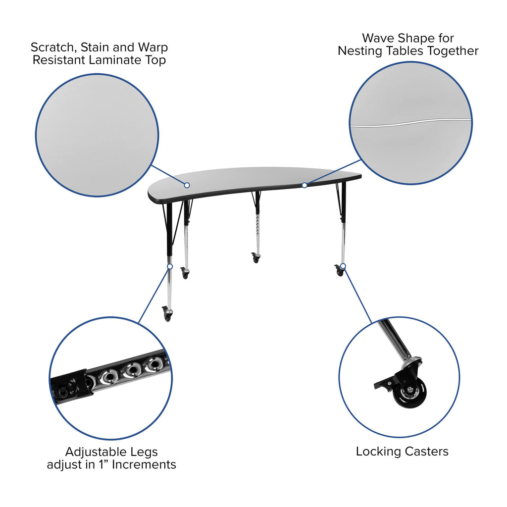 Flash Furniture 2 Piece Mobile 60" Circle Wave Collaborative Grey Thermal Laminate Adjustable Activity Table Set