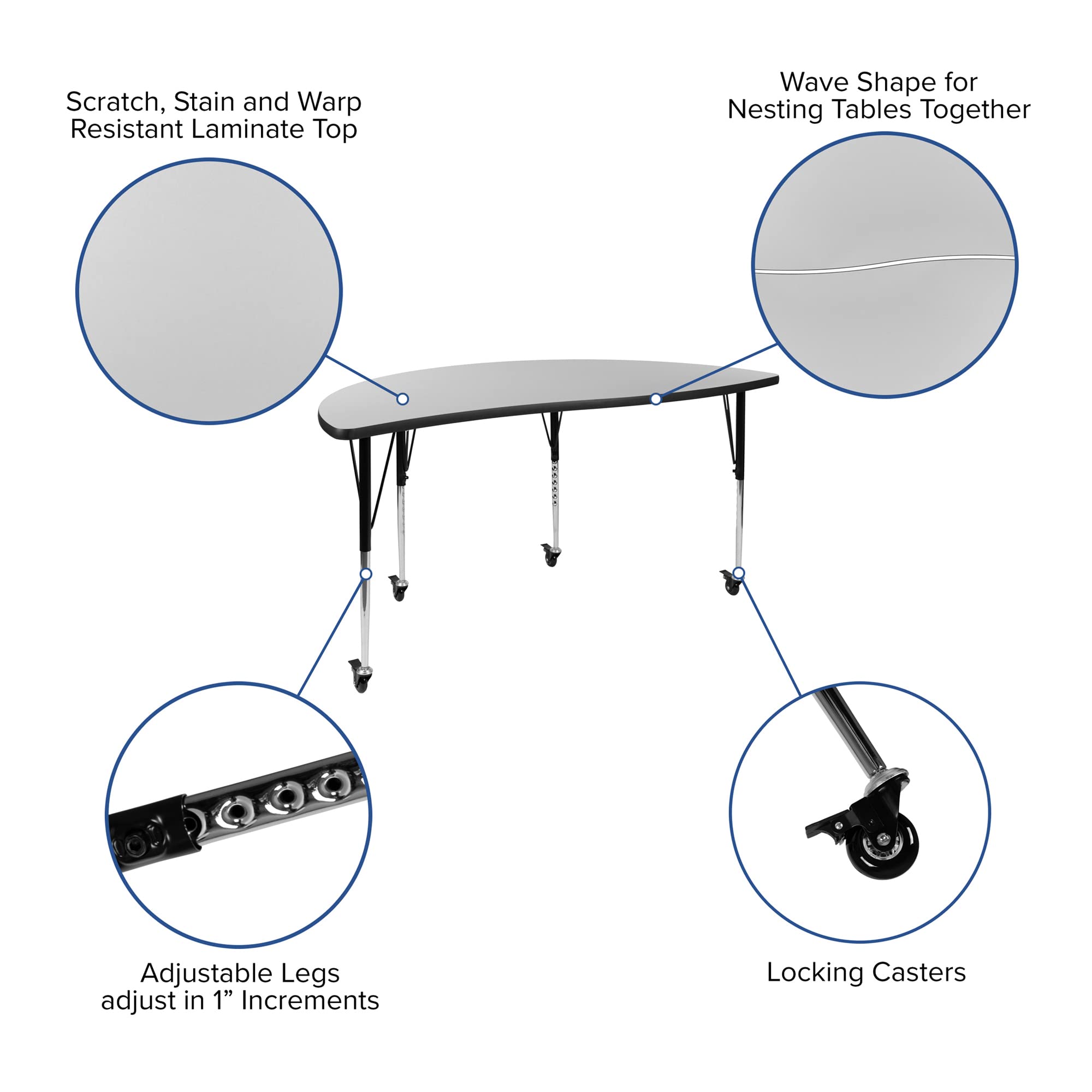 Flash Furniture 2 Piece Mobile 60" Circle Wave Collaborative Grey Thermal Laminate Adjustable Activity Table Set