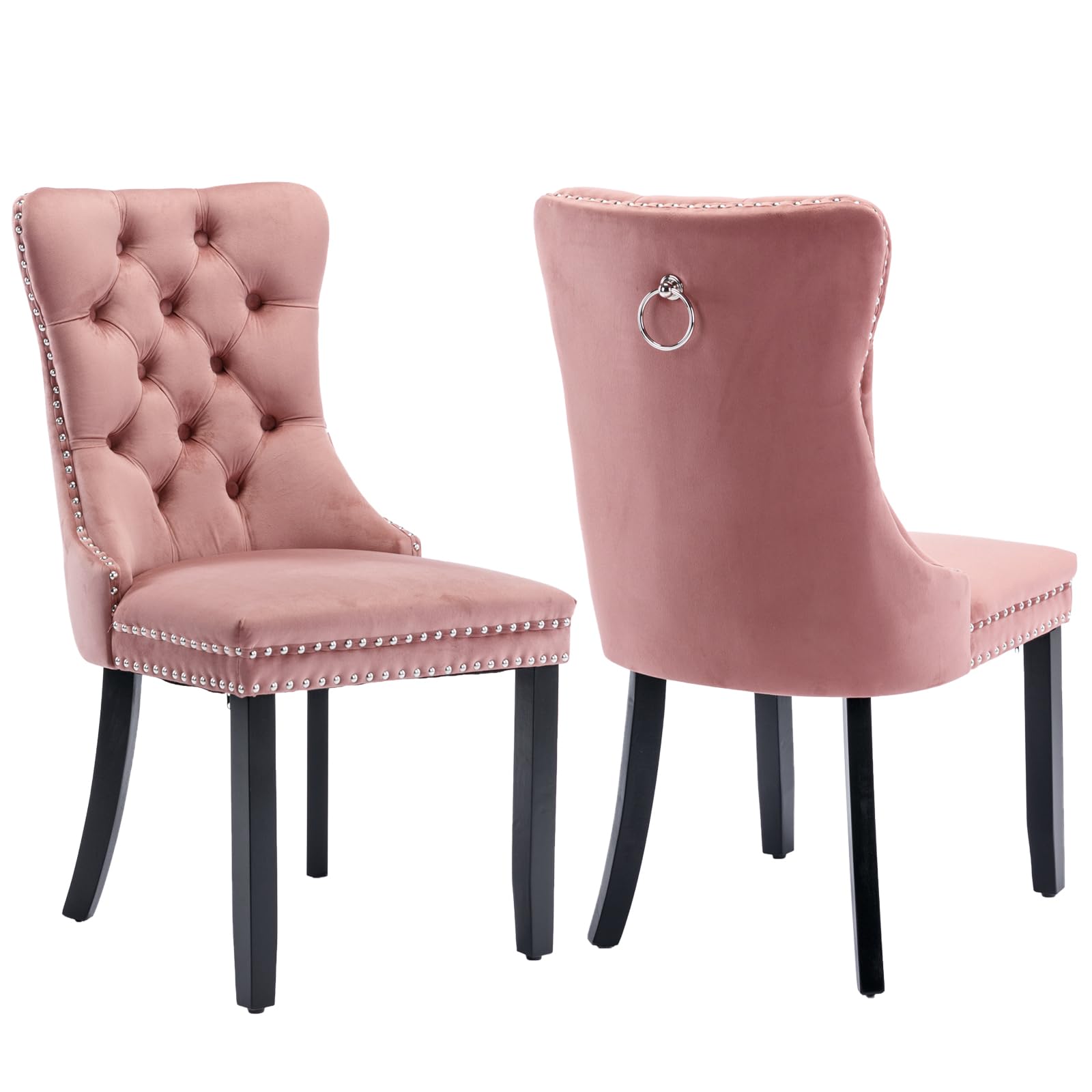 Pink Velvet Dining Chairs Set Of 2, Upholstered Dining Room Chairs With Back Ring Pull Trim And Solid Wood Legs, Tufted Wingback