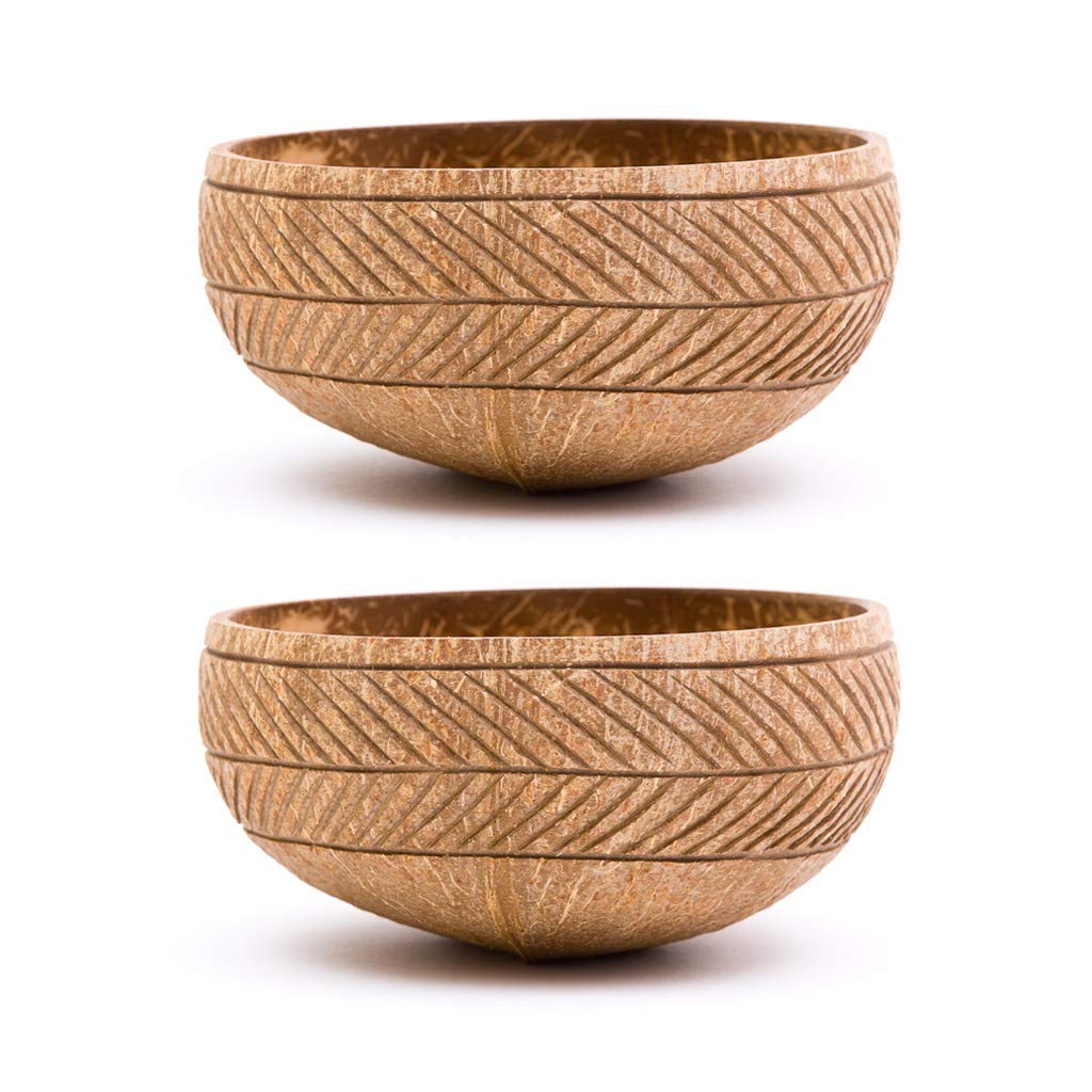 Rainforest Bowls Set Of 2 Jumbo Feather Coconut Bowls, 2 Wooden Spoons & 2 Reusable Bamboo Straws - 100% Natural, Hand Carved By
