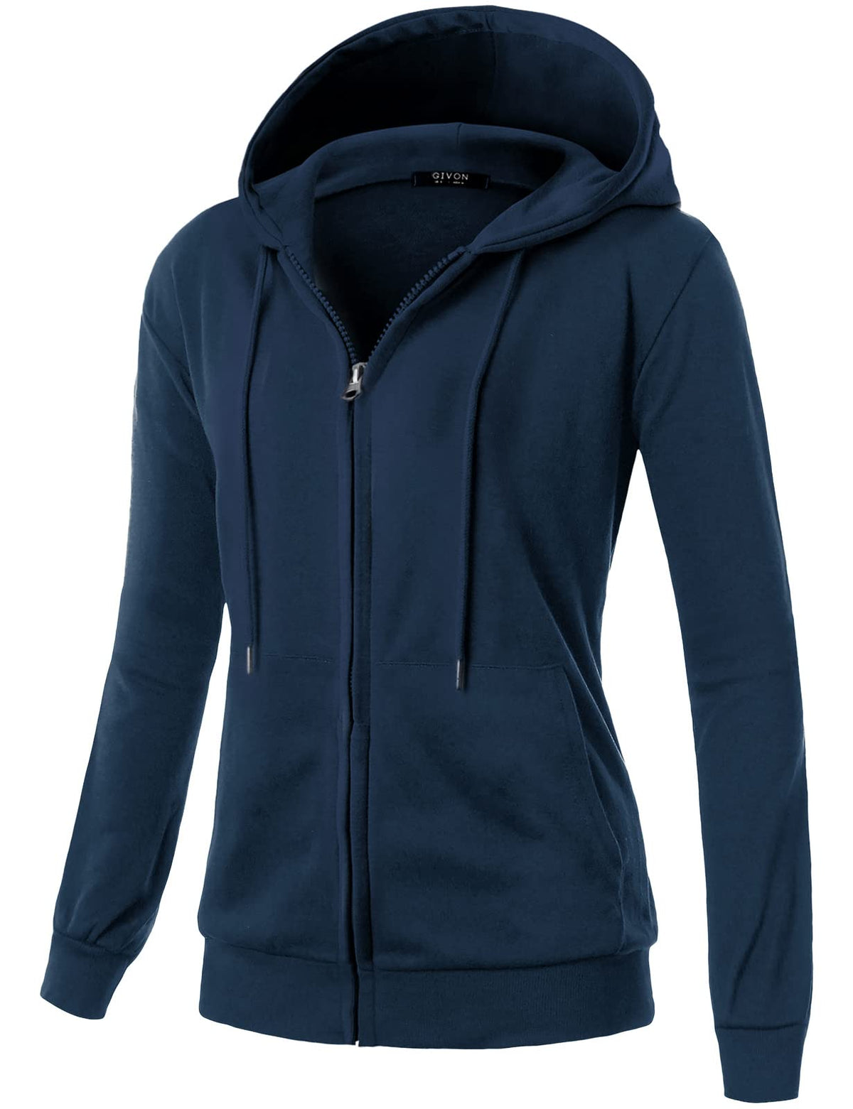 Givon Womens Solid Color Zip Up Hoodies Sweatshirt With Kanga Pocket Long Sleeve Lightweight Hooded Jacket  Dcf230-Navy-M