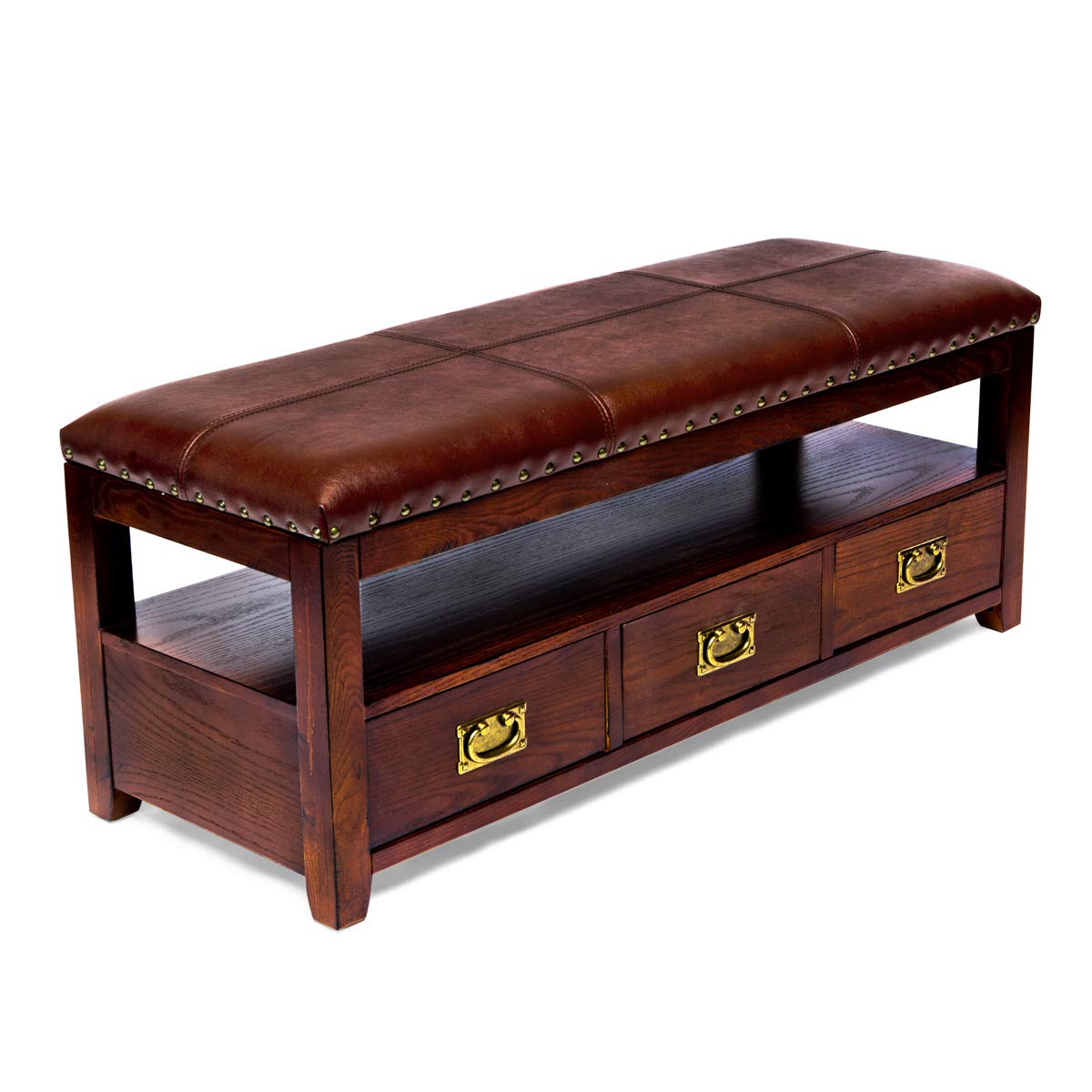 All Things Cedar Classic Accents HR330 Entryway Storage Bench | Cherry Wood Bench | Birch Veneer, Solid Wood Legs, Interior Drawer & Shelf Storage | Elegant Wooden Entry Bench | 46x16.5x18