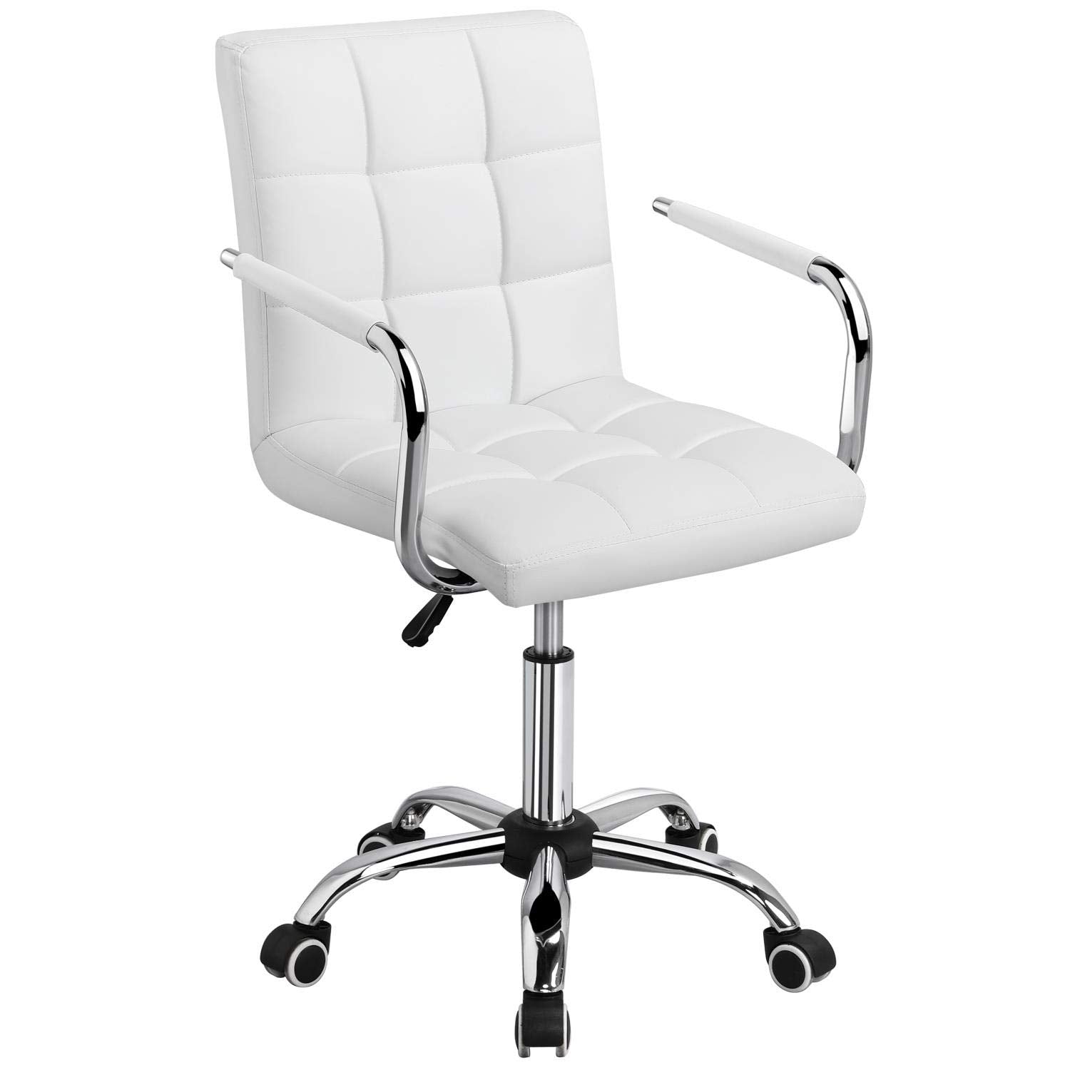 Yaheetech White Desk Chairs With Wheels/Armrests Modern Pu Leather Office Chair Midback Adjustable Home Computer Executive Chair 360° Swivel