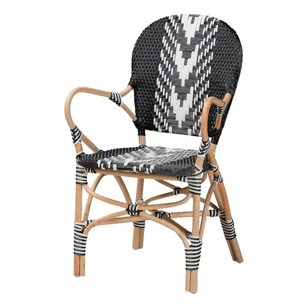 Baxton Studio Wallis Modern French Two-Tone Black and White Weaving and Natural Rattan Indoor Dining Chair