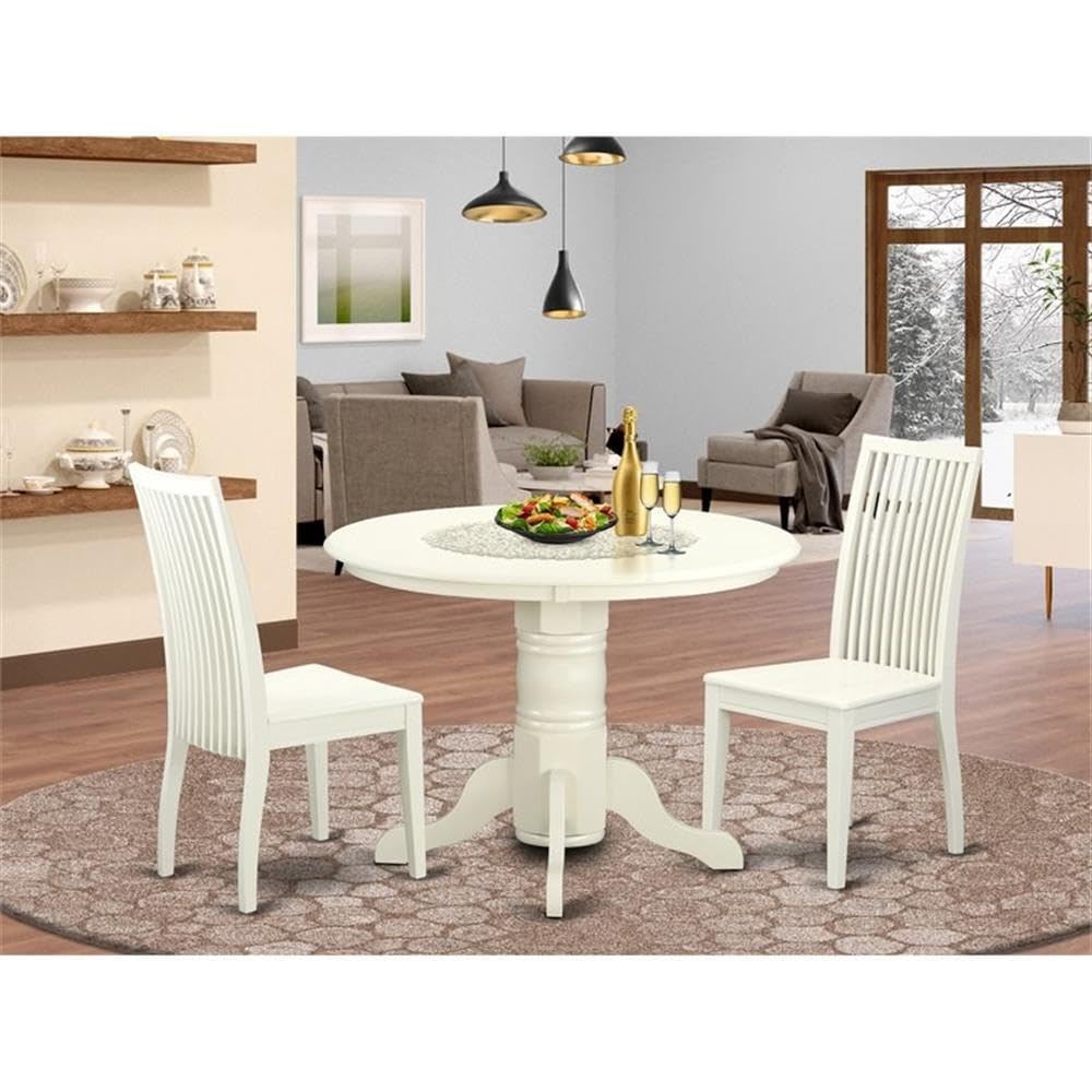 East West Furniture SHIP3-LWH-W 3 Piece Dinette Set for Small Spaces Contains a Round Kitchen Table with Pedestal and 2 Dining Chairs, 42x42 Inch, Linen White