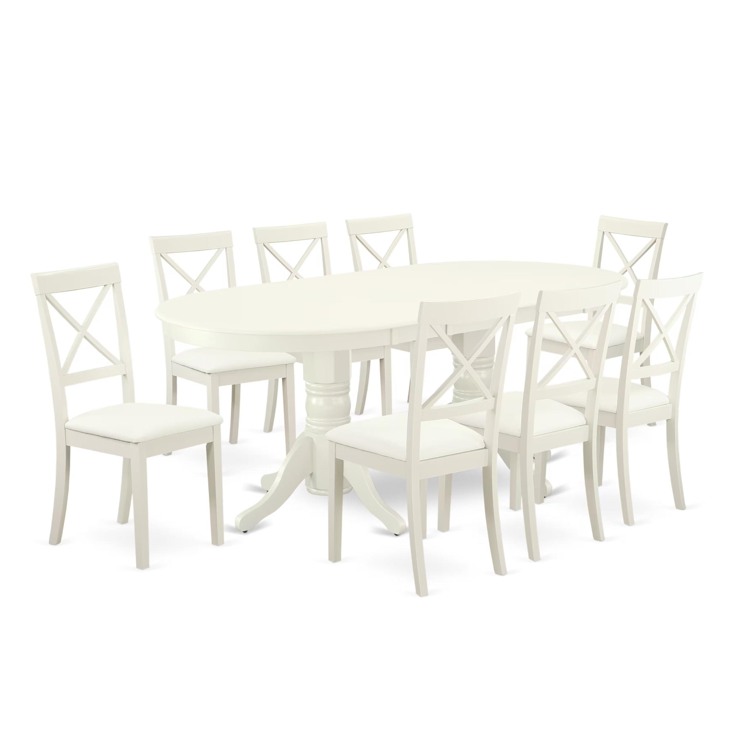 East West Furniture Vabo9-Lwh-Lc 9 Piece Dining Set Includes An Oval Dining Room Table With Butterfly Leaf And 8 Faux Leather Upholstered Kitchen Chairs, 40X76 Inch, Linen White