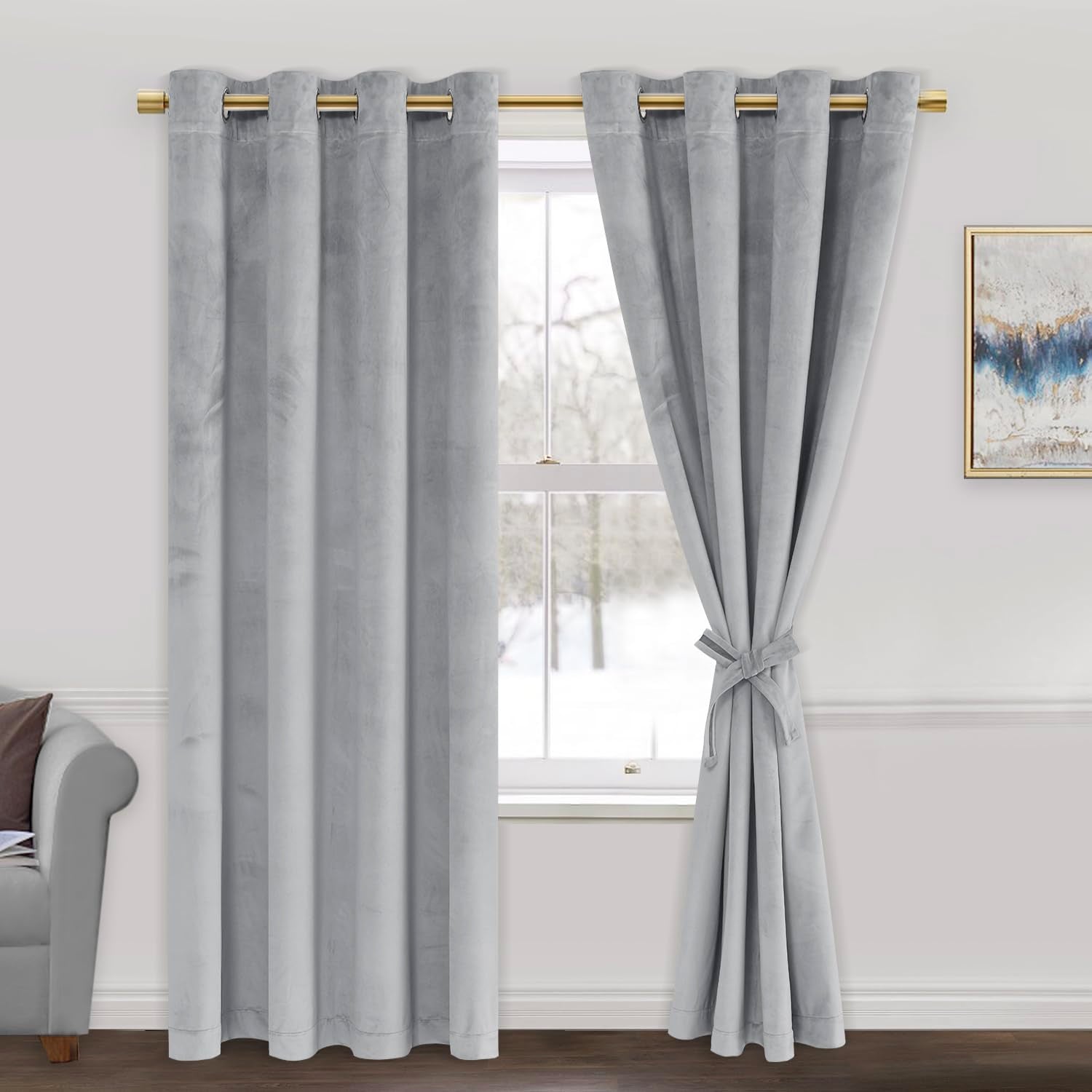 Jiuzhen Silver Grey Velvet Curtains 72 Inches Blackout Curtains For Living Room - Privacy Protect Room Darkening Grommet Thick V