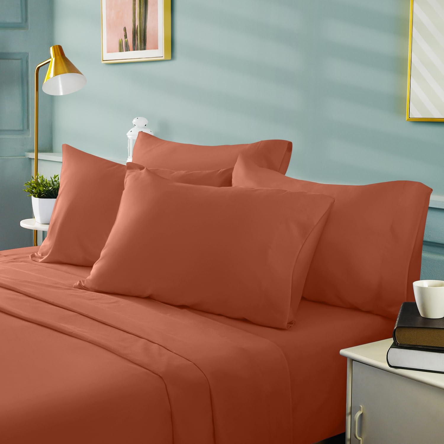 Bysure 6 Pieces Bed Sheets Set(Queen, Terracotta) - Hotel Luxury Super Soft 1800 Thread Count 100% Microfiber Sheets With Deep P