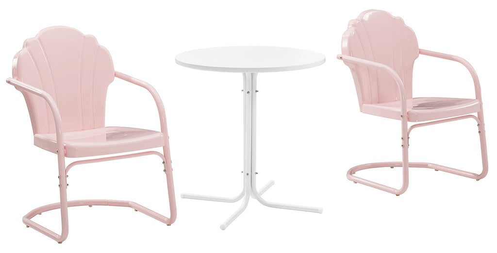 Crosley Furniture Tulip 3-Piece Outdoor Bistro Set, Retro Metal Patio Table and Chairs for Dining, Porch, Pastel Pink Gloss