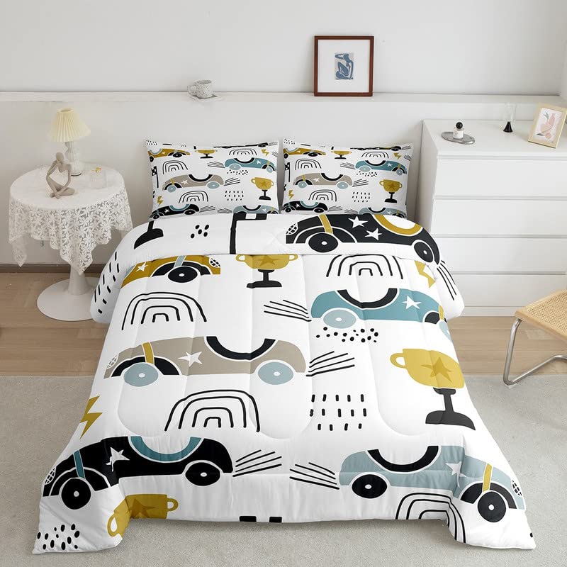 Feelyou Cartoon Car Bedding Set Kids Cute Trucks Pattern Comforter Set Boys Girls Decor Rainbow Comforter Microfiber Vehicles Wh