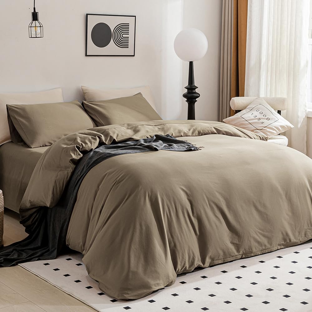 Jellymoni Khaki Duvet Cover Queen Size - 100% Washed Cotton Linen Like Textured Comforter Cover, 3 Pieces Breathable Soft Beddin