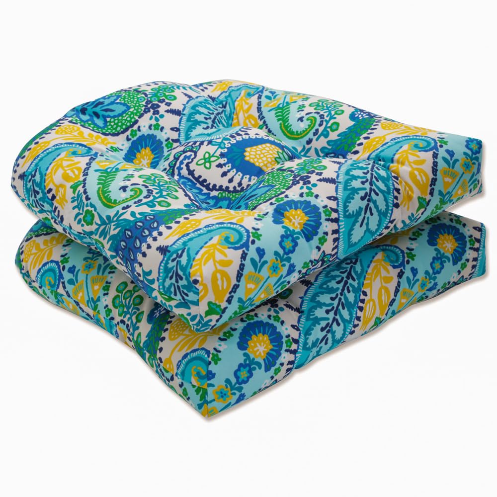 Pillow Perfect Paisley Indoor/Outdoor Chair Seat Cushion, Tufted, Weather, And Fade Resistant, Round Corner - 19' X 19', 2 Cou
