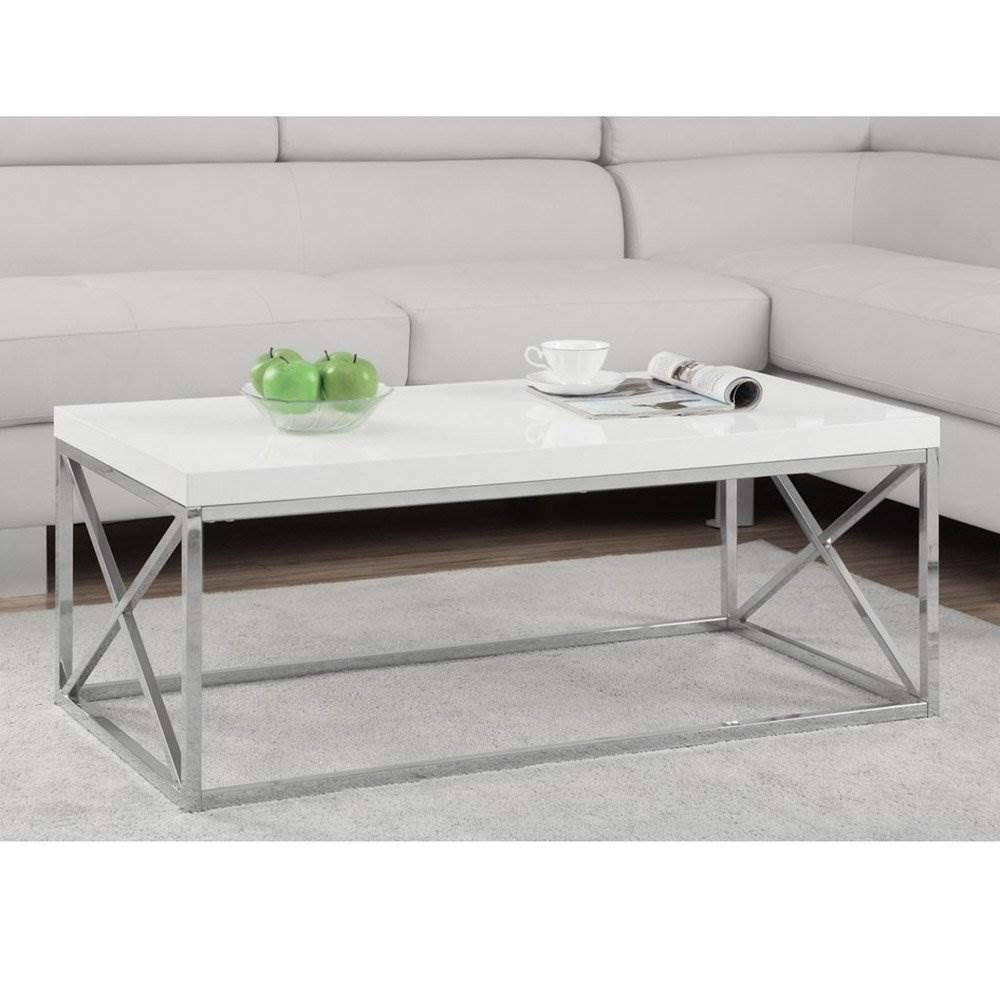 Monarch Specialties Modern Coffee Table for Living Room Center Table with Metal Frame, 44 Inch L, Glossy White / Chrome